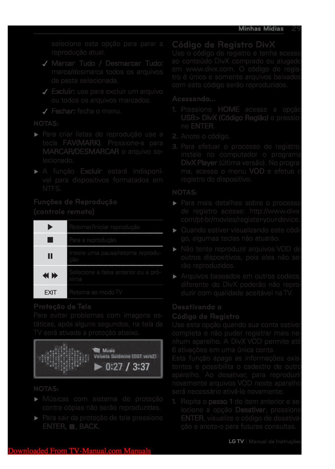 LG Electronics 22/26/32LK311C Código de Registro DivX, Proteção de Tela, Desativando o, ܮ Marcar Tudo / Desmarcar Tudo 