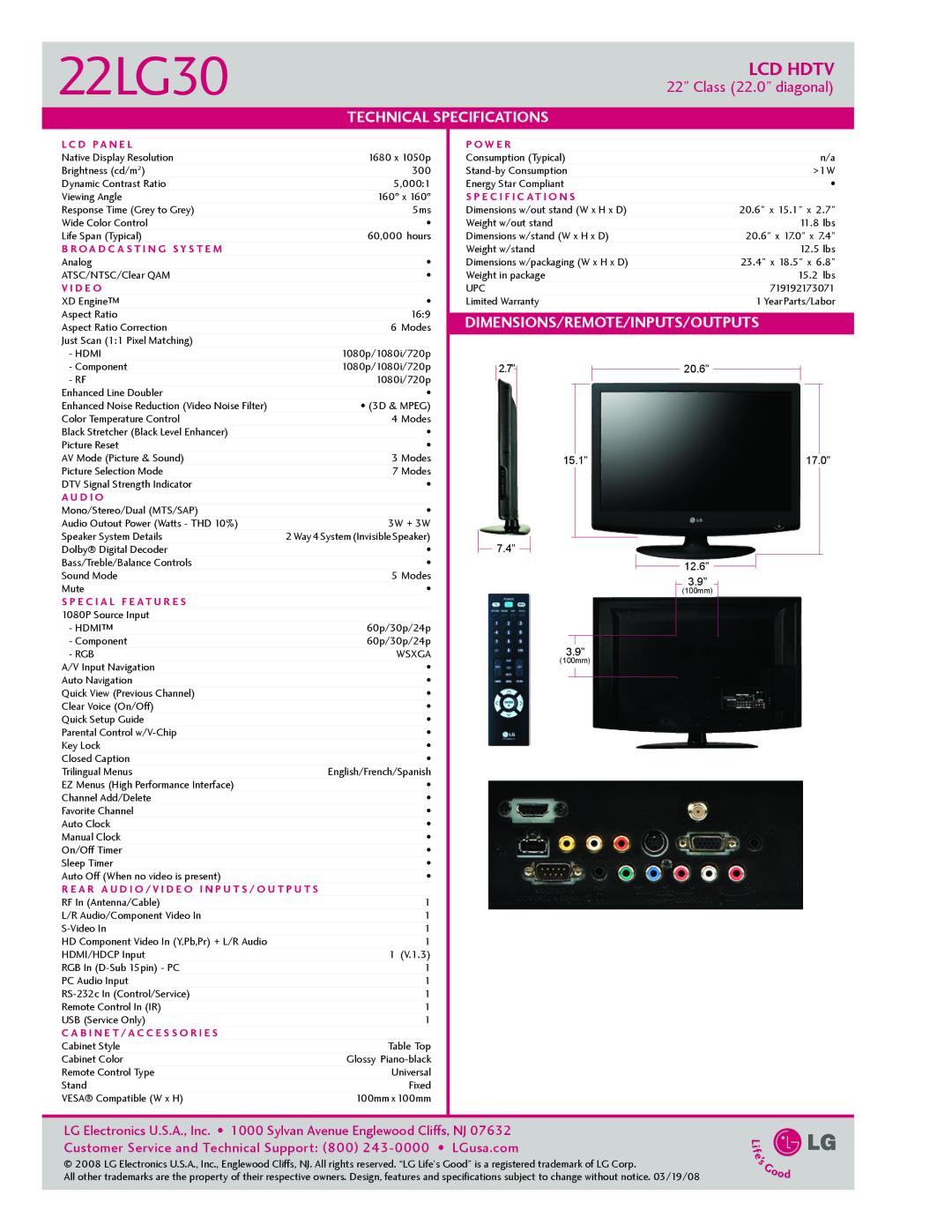 LG Electronics 2230 manual Technical Specifications, Dimensions/Remote/Inputs/Outputs 