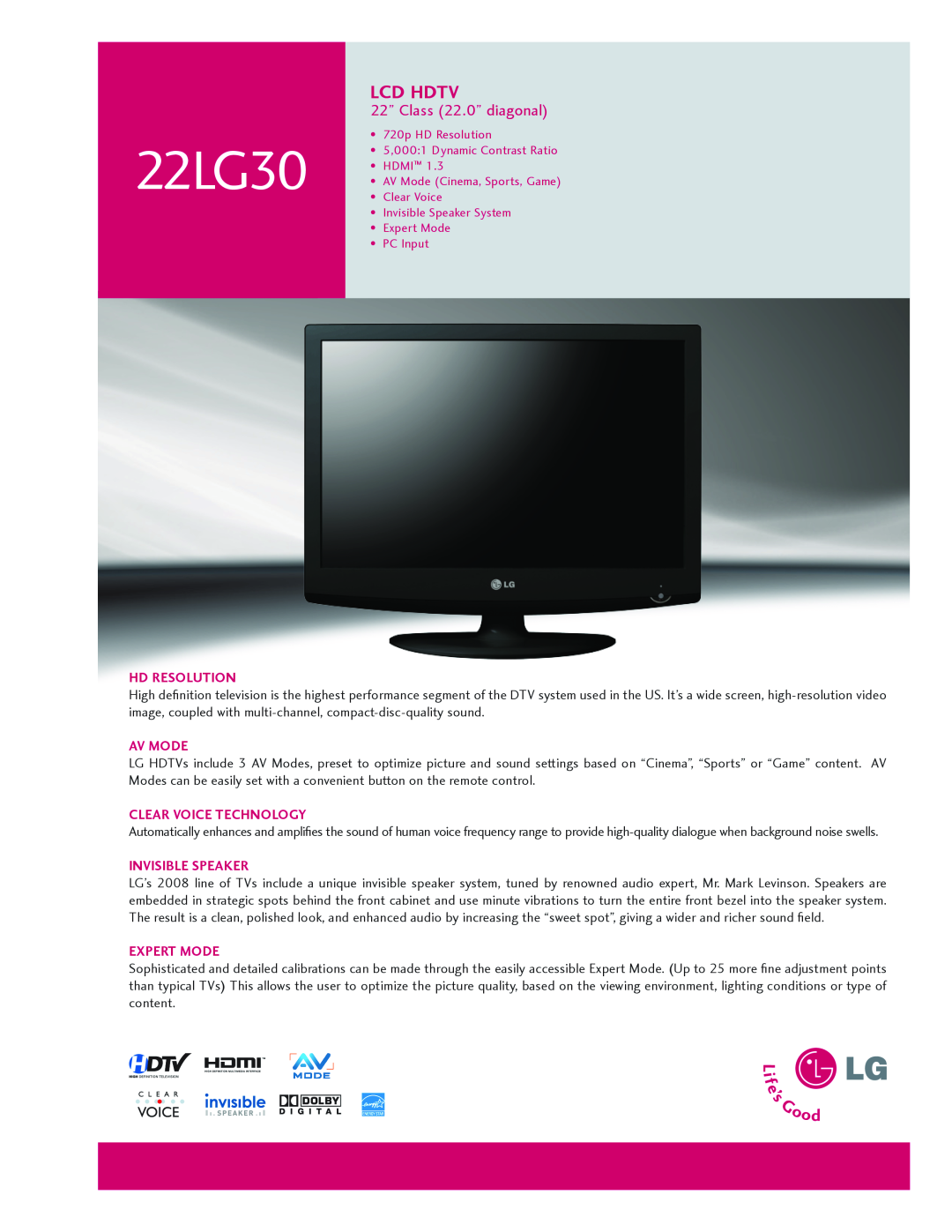LG Electronics 2230 manual Lcd Hdtv, 22” Class 22.0” diagonal, 22LG30, HD Resolution, Av Mode, Clear Voice Technology 