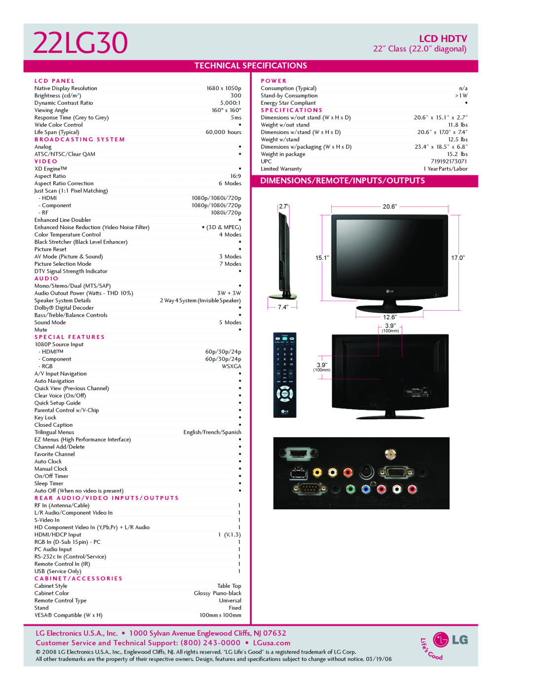 LG Electronics 2230 manual 22LG30, Lcd Hdtv, 22” Class 22.0” diagonal, Technical, Specifications, L C D Pa N E L, P O W E R 