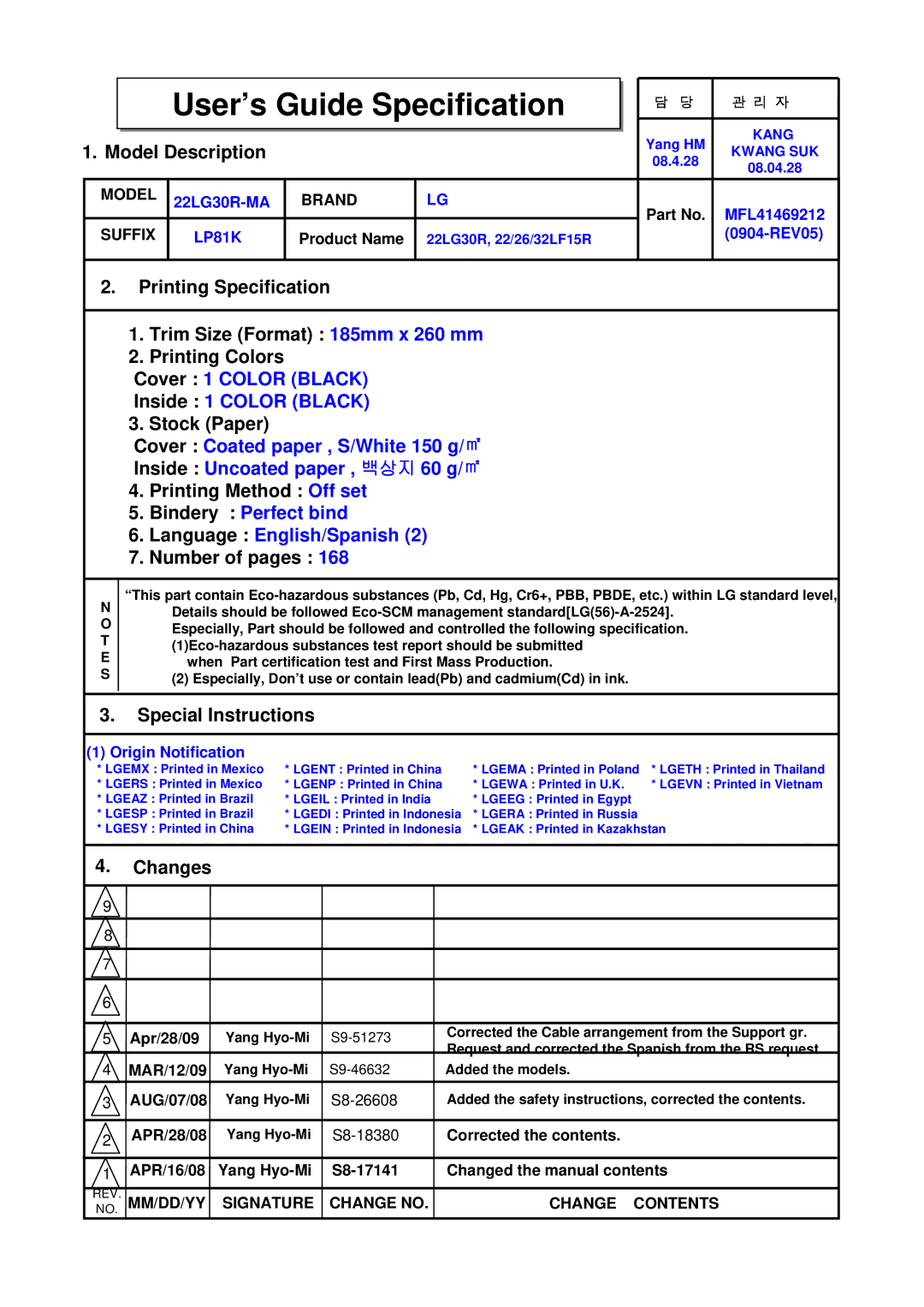 LG Electronics 2230R-MA manual User’s’s Guidei Specificationifi ti 