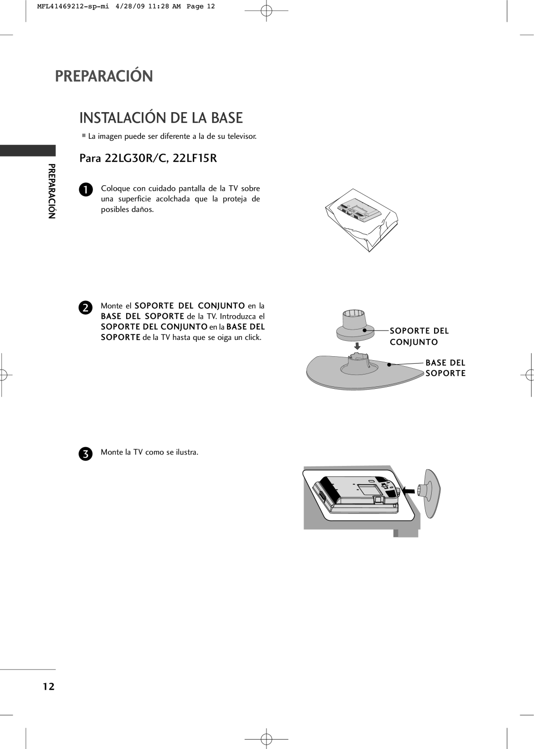 LG Electronics 2230R-MA Instalación DE LA Base, Posibles daños, Monte la TV como se ilustra, Soporte DEL Conjunto Base DEL 