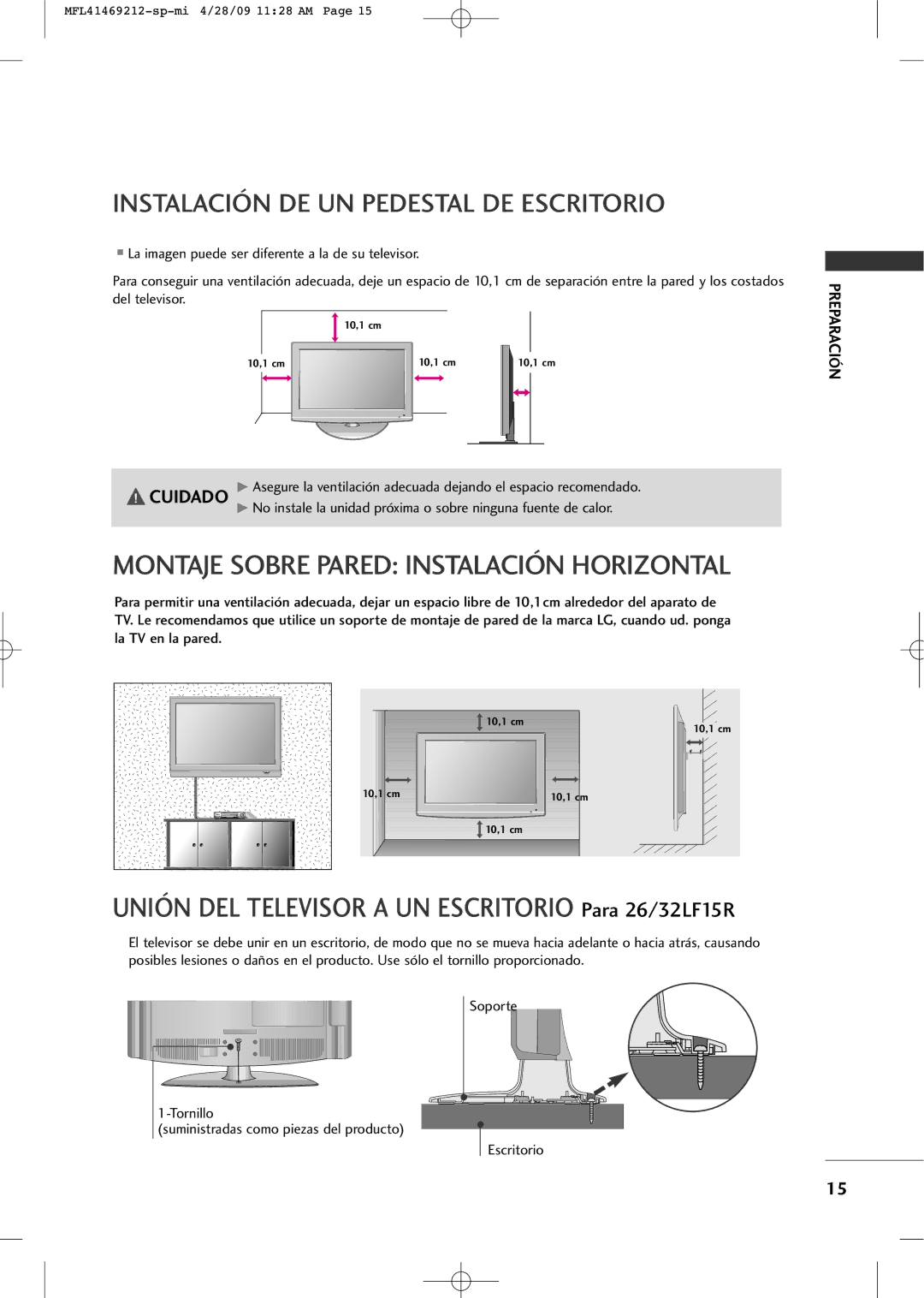 LG Electronics 2230R-MA manual Montaje Sobre Pared Instalación Horizontal 