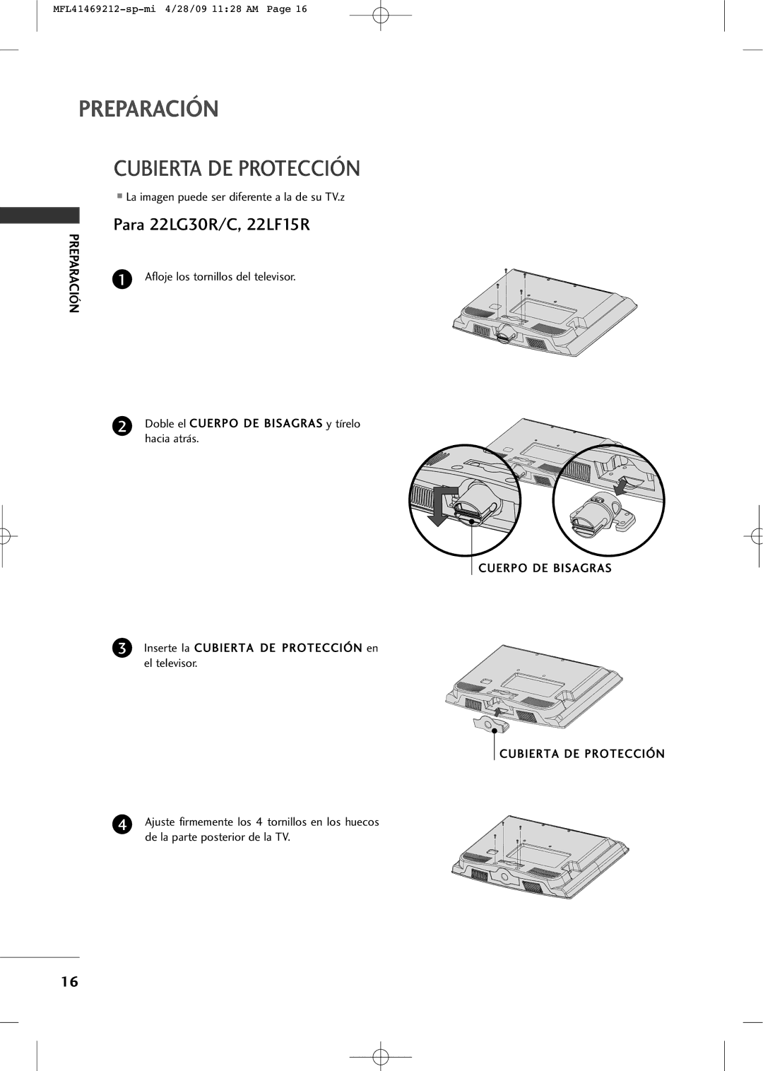 LG Electronics 2230R-MA manual Cubierta DE Protección, La imagen puede ser diferente a la de su TV.z, Cuerpo DE Bisagras 