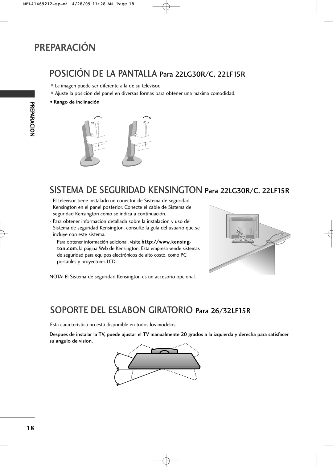 LG Electronics 2230R-MA Posición DE LA Pantalla Para 22LG30R/C, 22LF15R, Soporte DEL Eslabon Giratorio Para 26/32LF15R 