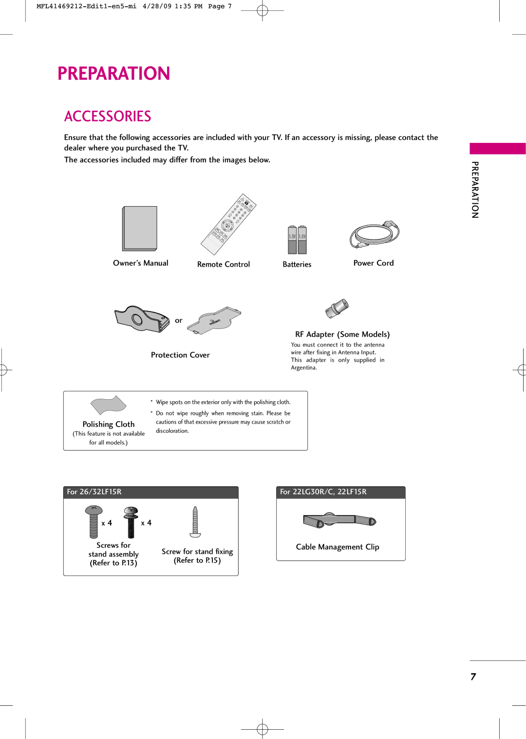 LG Electronics 2230R-MA manual Accessories, Remote Control Batteries, RF Adapter Some Models 