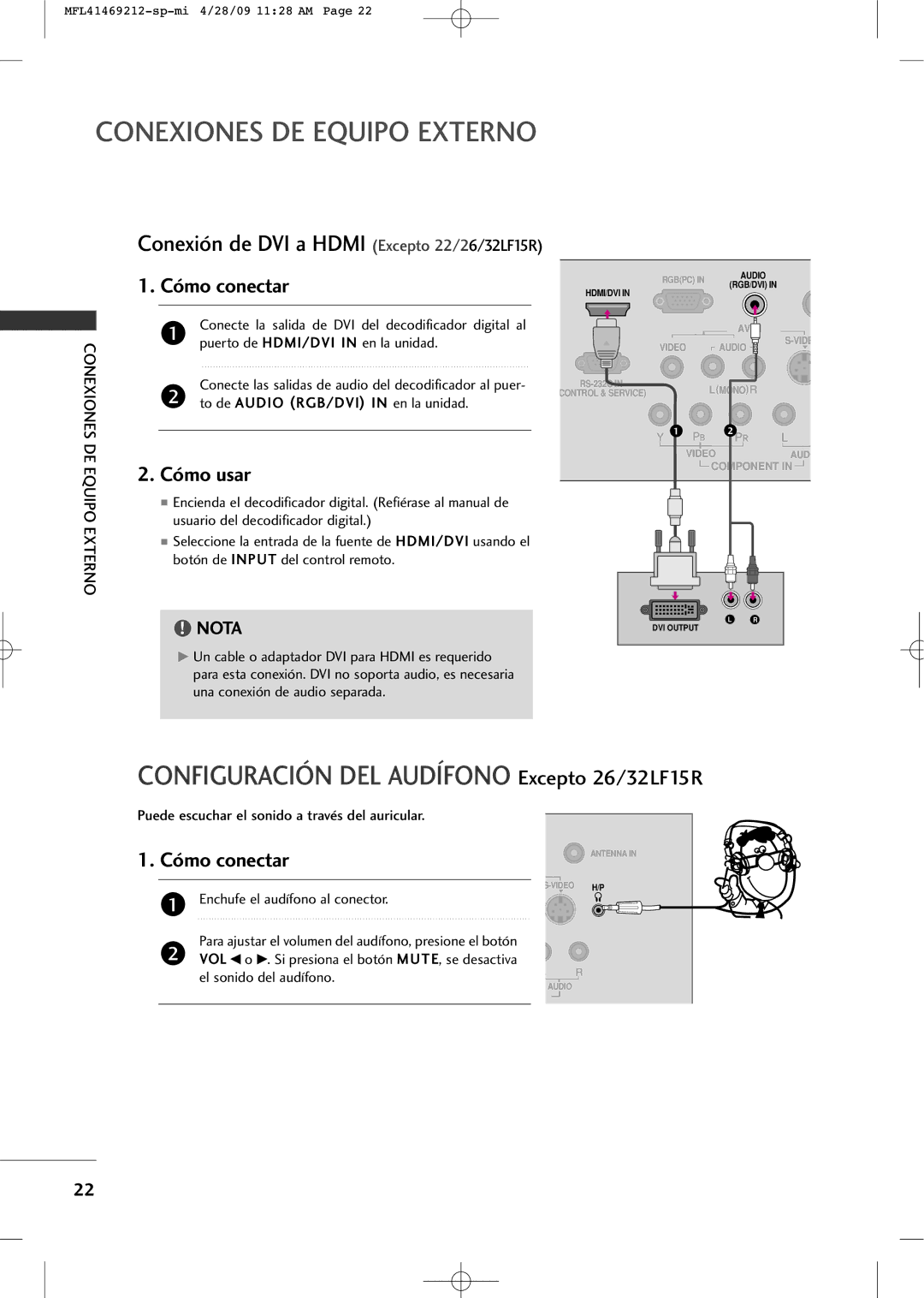 LG Electronics 2230R-MA Configuración DEL Audífono Excepto 26/32LF15R, Puede escuchar el sonido a través del auricular 