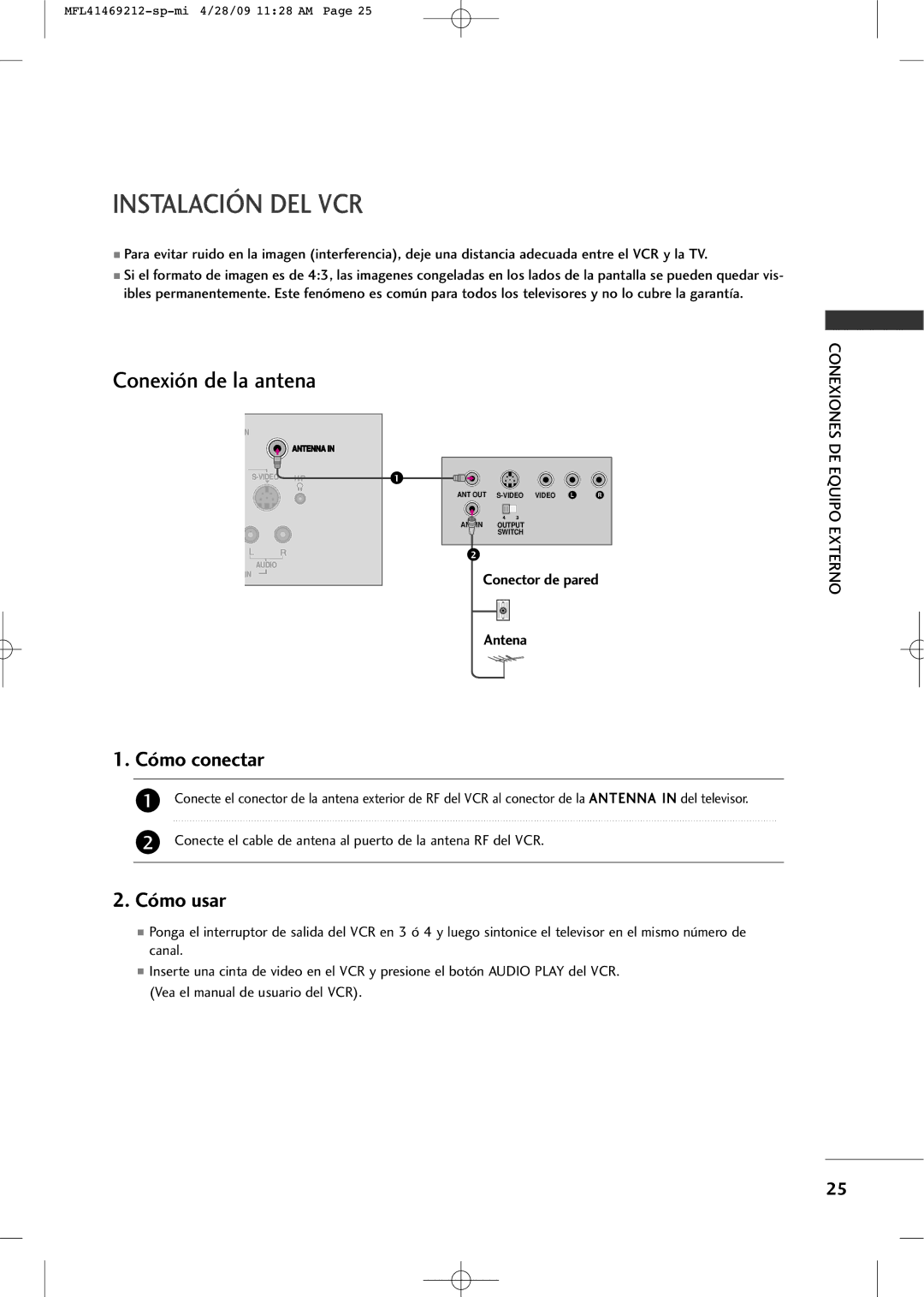 LG Electronics 2230R-MA manual Instalación DEL VCR, Conexión de la antena 