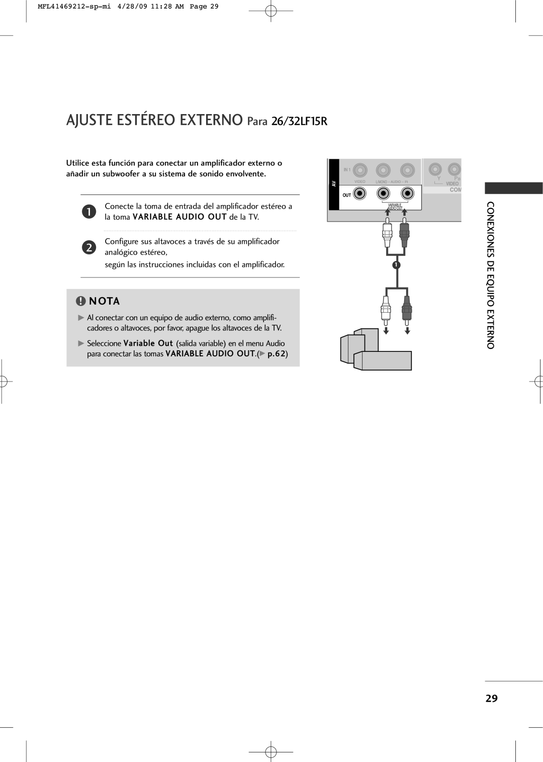 LG Electronics 2230R-MA Ajuste Estéreo Externo Para 26/32LF15R, Conecte la toma de entrada del amplificador estéreo a 