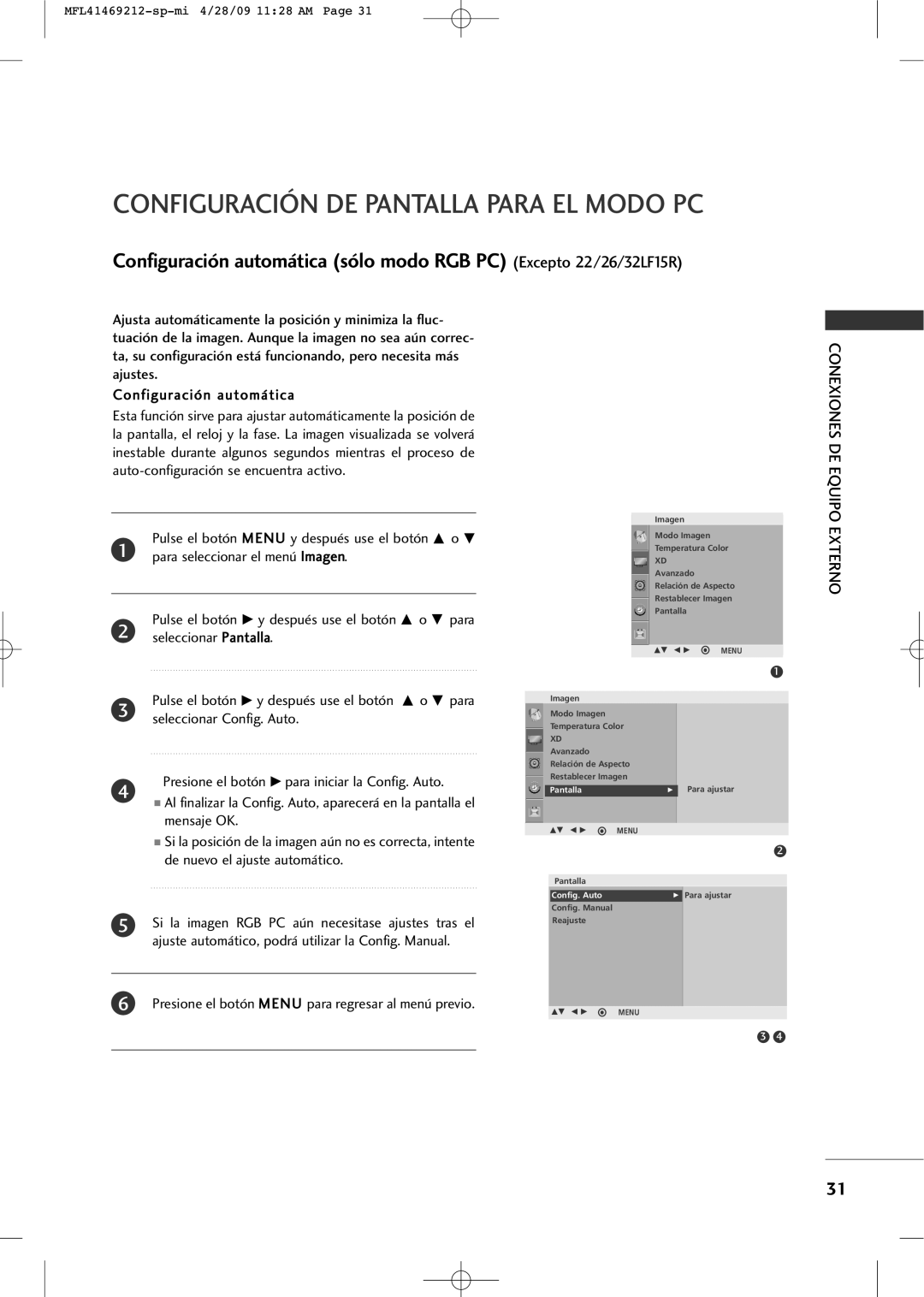 LG Electronics 2230R-MA manual Configuración DE Pantalla Para EL Modo PC, E para, Seleccionar Config. Auto 