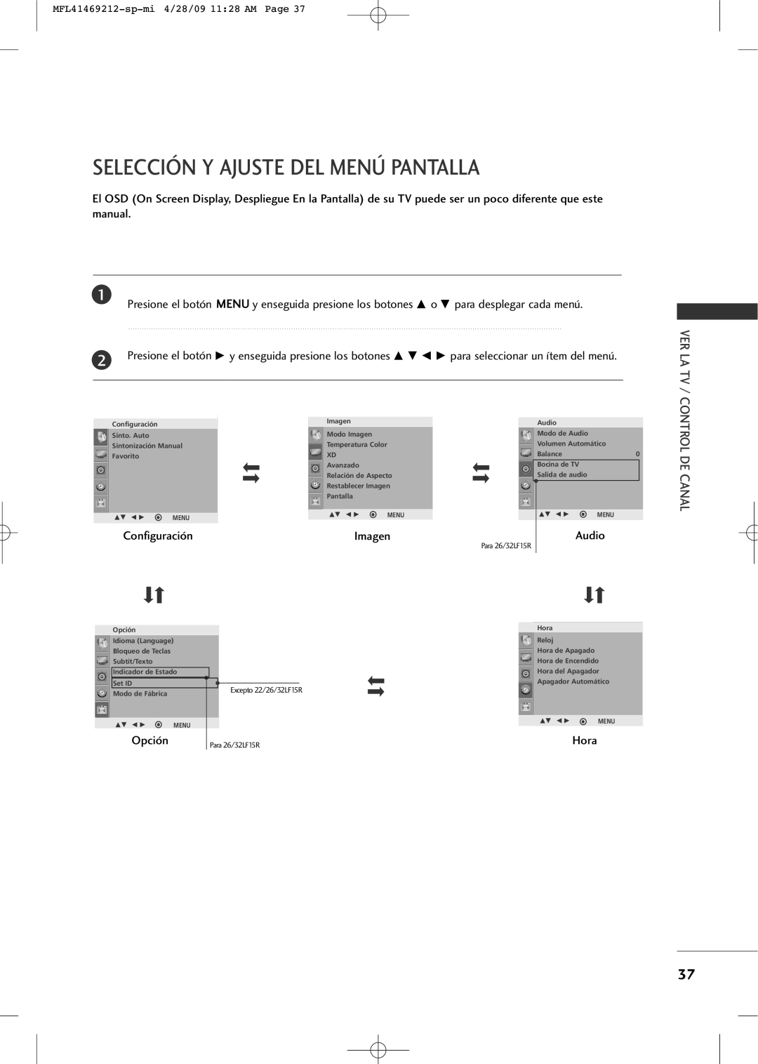 LG Electronics 2230R-MA manual Selección Y Ajuste DEL Menú Pantalla, Imagen, Opción, Hora 