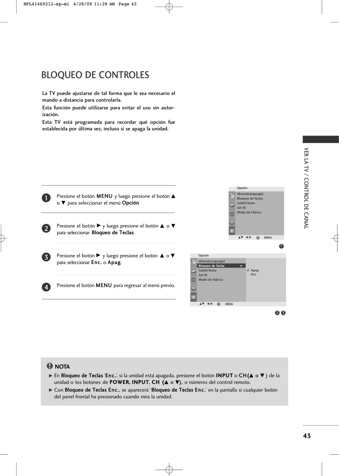 LG Electronics 2230R-MA manual Bloqueo DE Controles, Nota 