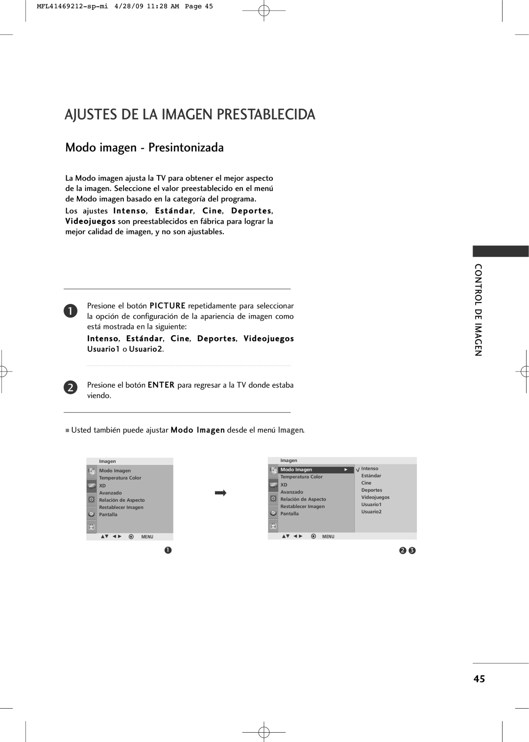 LG Electronics 2230R-MA manual Ajustes DE LA Imagen Prestablecida, Modo imagen Presintonizada 