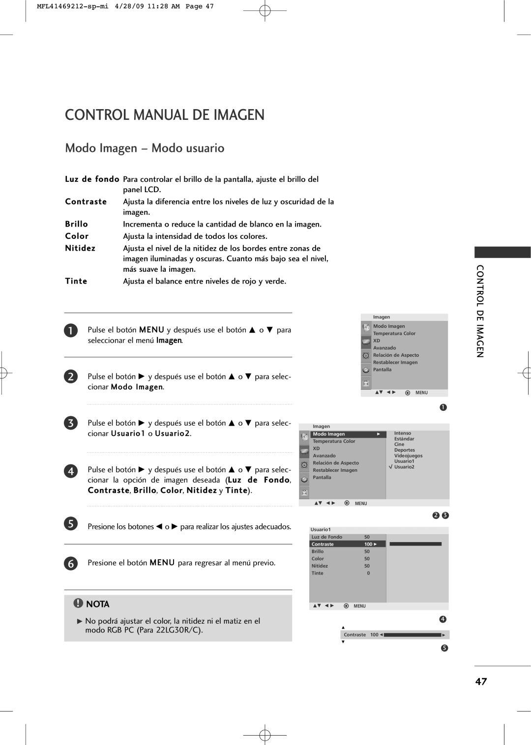 LG Electronics 2230R-MA manual Control Manual DE Imagen, Brillo, Más suave la imagen 