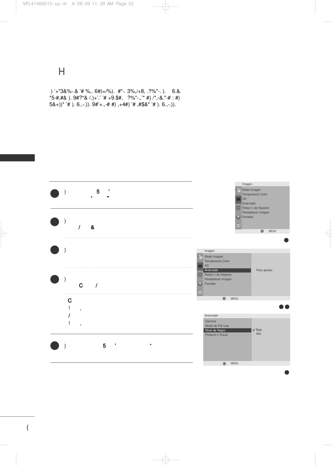 LG Electronics 2230R-MA manual Avanzado Nivel DE Negro, Pulse el botón G y después use el botón D o E para sele 