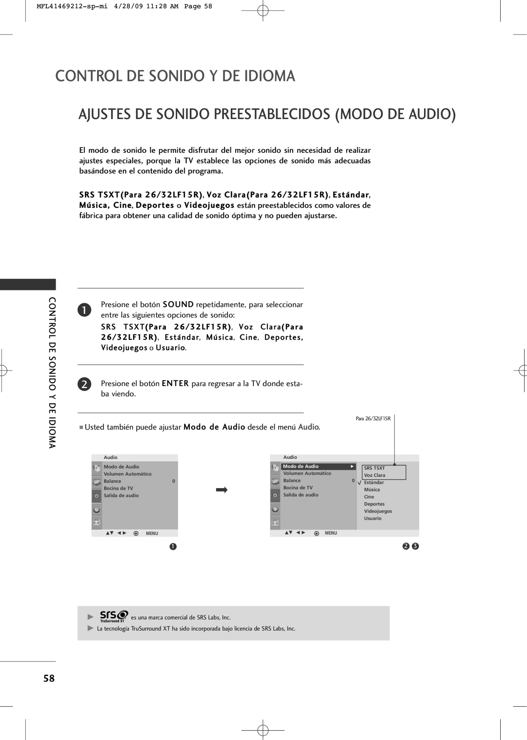 LG Electronics 2230R-MA manual Control DE Sonido Y DE Idioma 