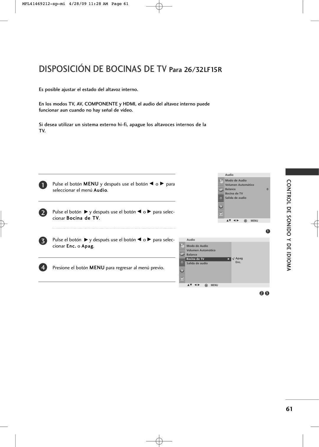 LG Electronics 2230R-MA manual Disposición DE Bocinas DE TV Para 26/32LF15R, Control DE Sonido 