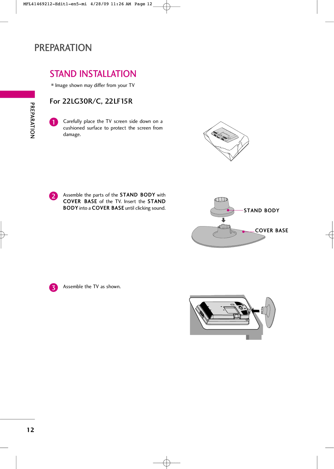 LG Electronics 2230R-MA Stand Installation, Cushioned surface to protect the screen from damage, Stand Body Cover Base 