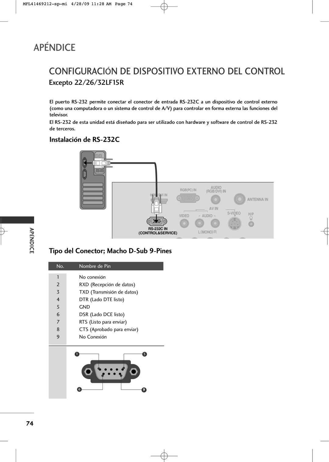 LG Electronics 2230R-MA manual Instalación de RS-232C, Tipo del Conector Macho D-Sub 9-Pines, Nombre de Pin 