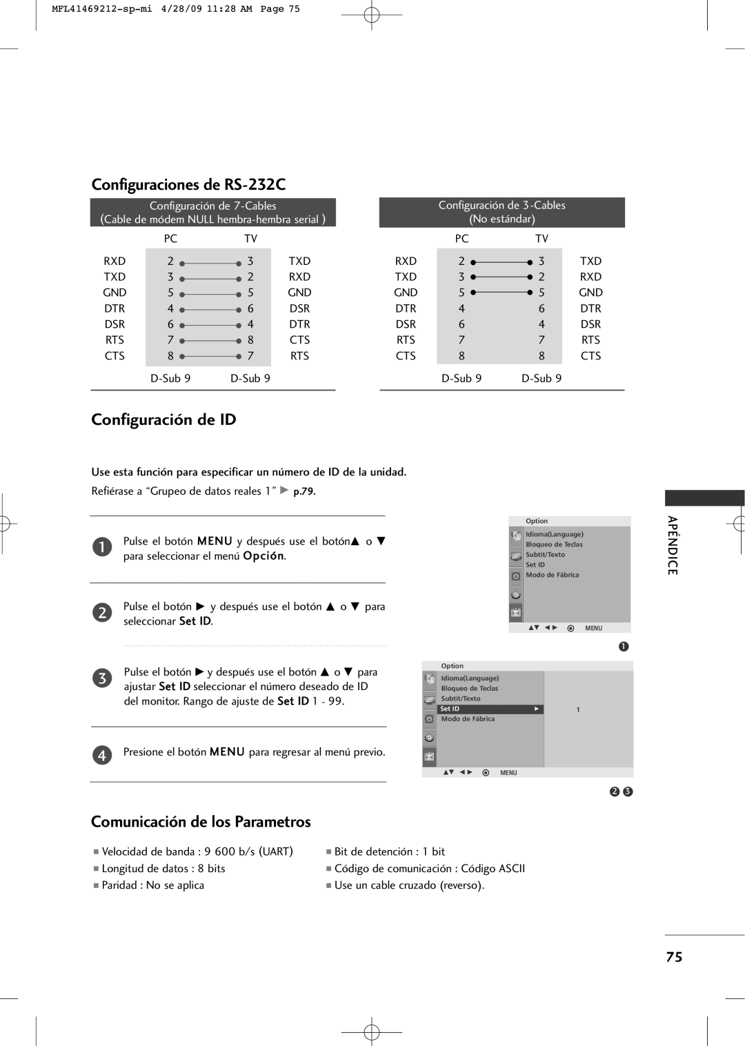 LG Electronics 2230R-MA manual Configuraciones de RS-232C, Configuración de ID, Comunicación de los Parametros, Sub 