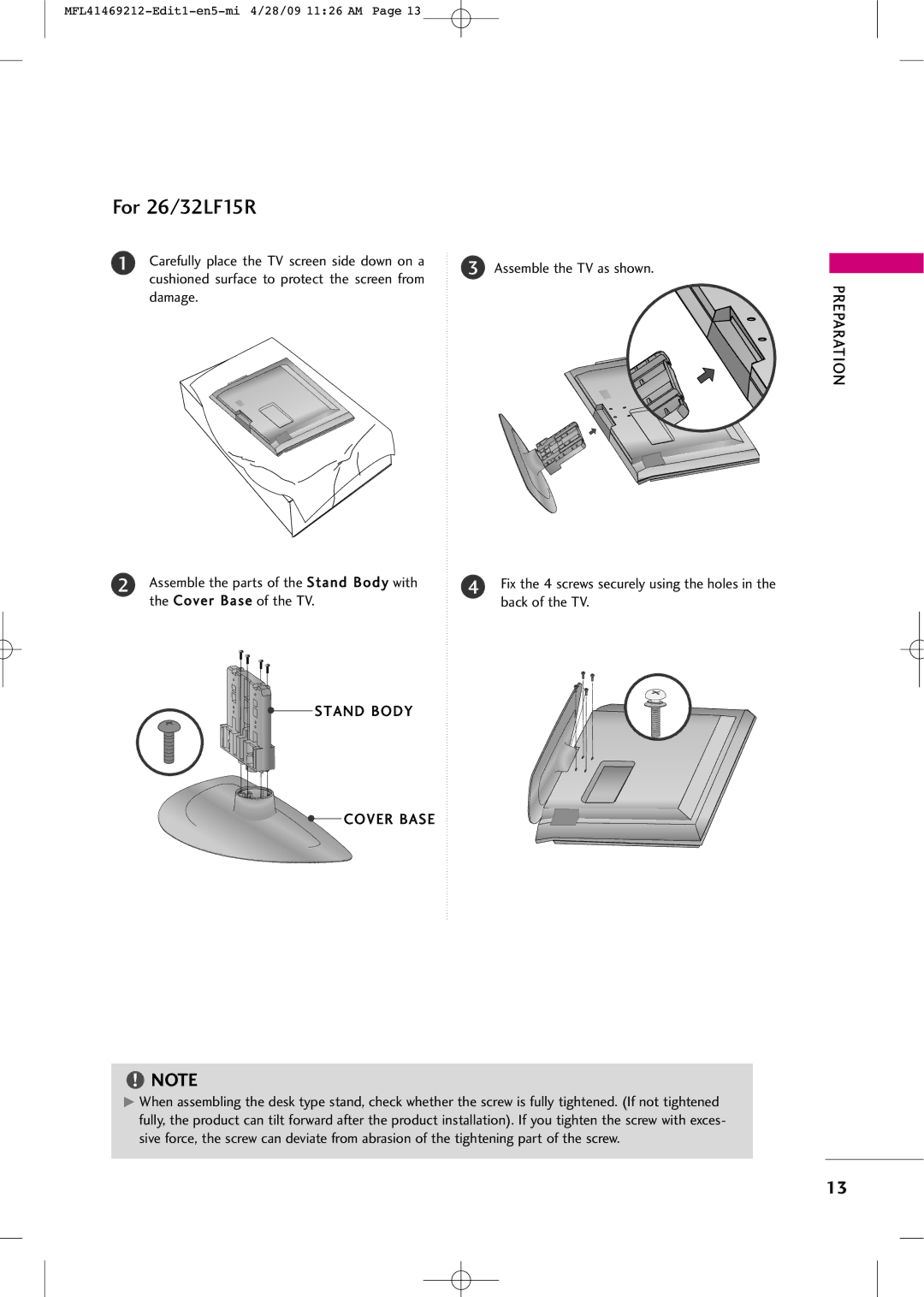 LG Electronics 2230R-MA Carefully place the TV screen side down on a, Cushioned surface to protect the screen from, Damage 