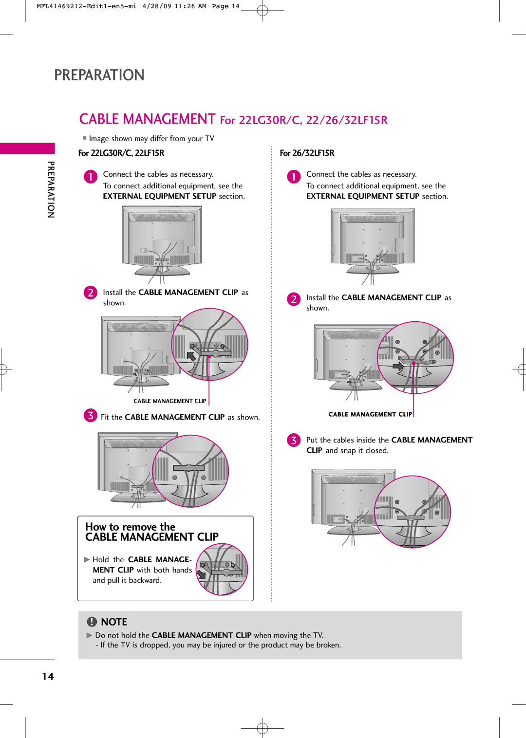 LG Electronics 2230R-MA How to remove, Connect the cables as necessary, Ment Clip with both hands and pull it backward 