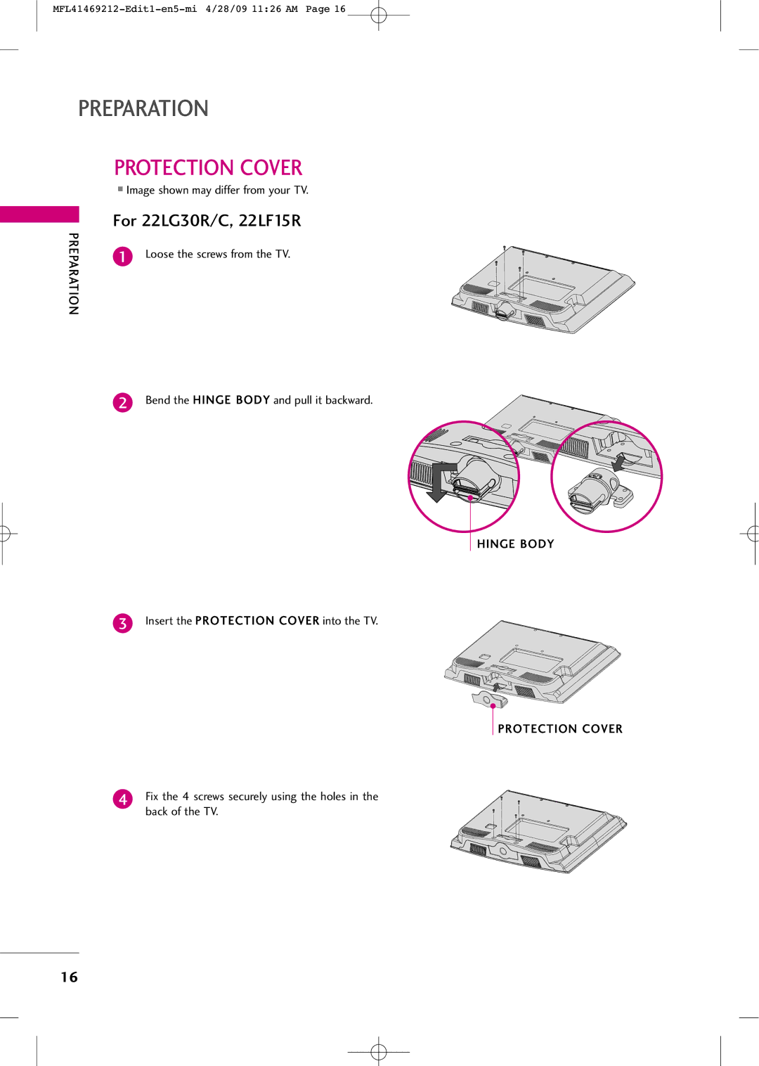 LG Electronics 2230R-MA manual Hinge Body, Insert the Protection Cover into the TV, Back of the TV 