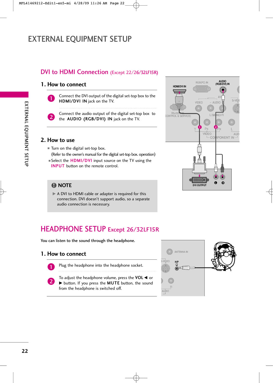 LG Electronics 2230R-MA manual Connect the DVI output of the digital set-top box to, HDMI/DVI in jack on the TV 