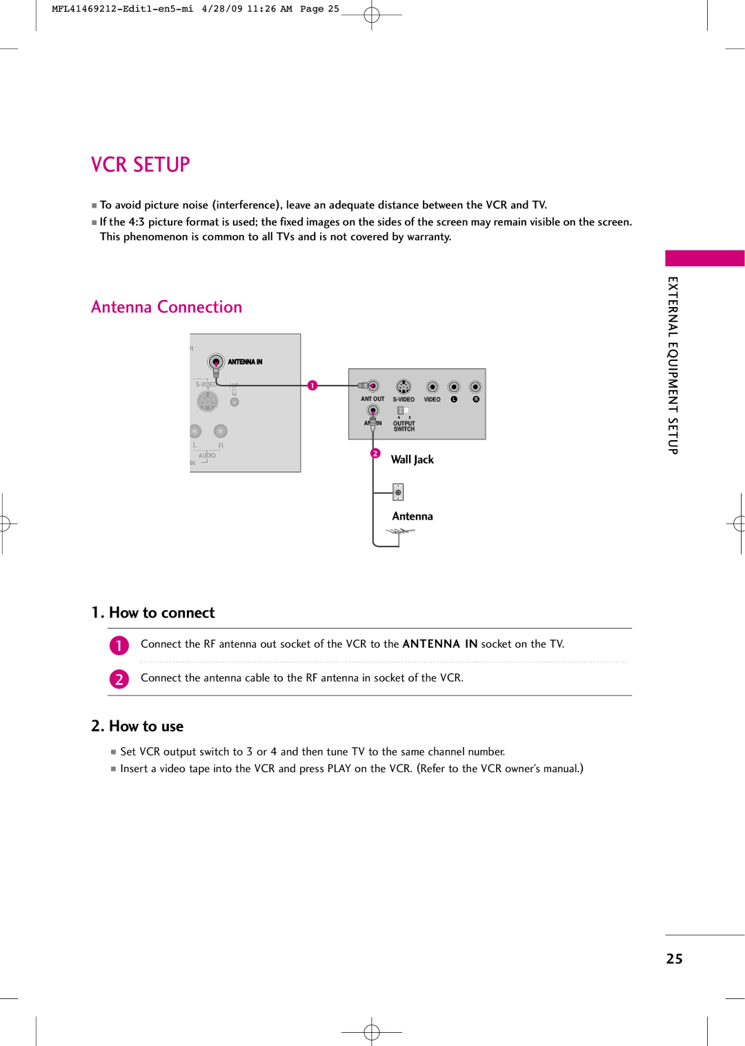 LG Electronics 2230R-MA manual VCR Setup, Antenna Connection 