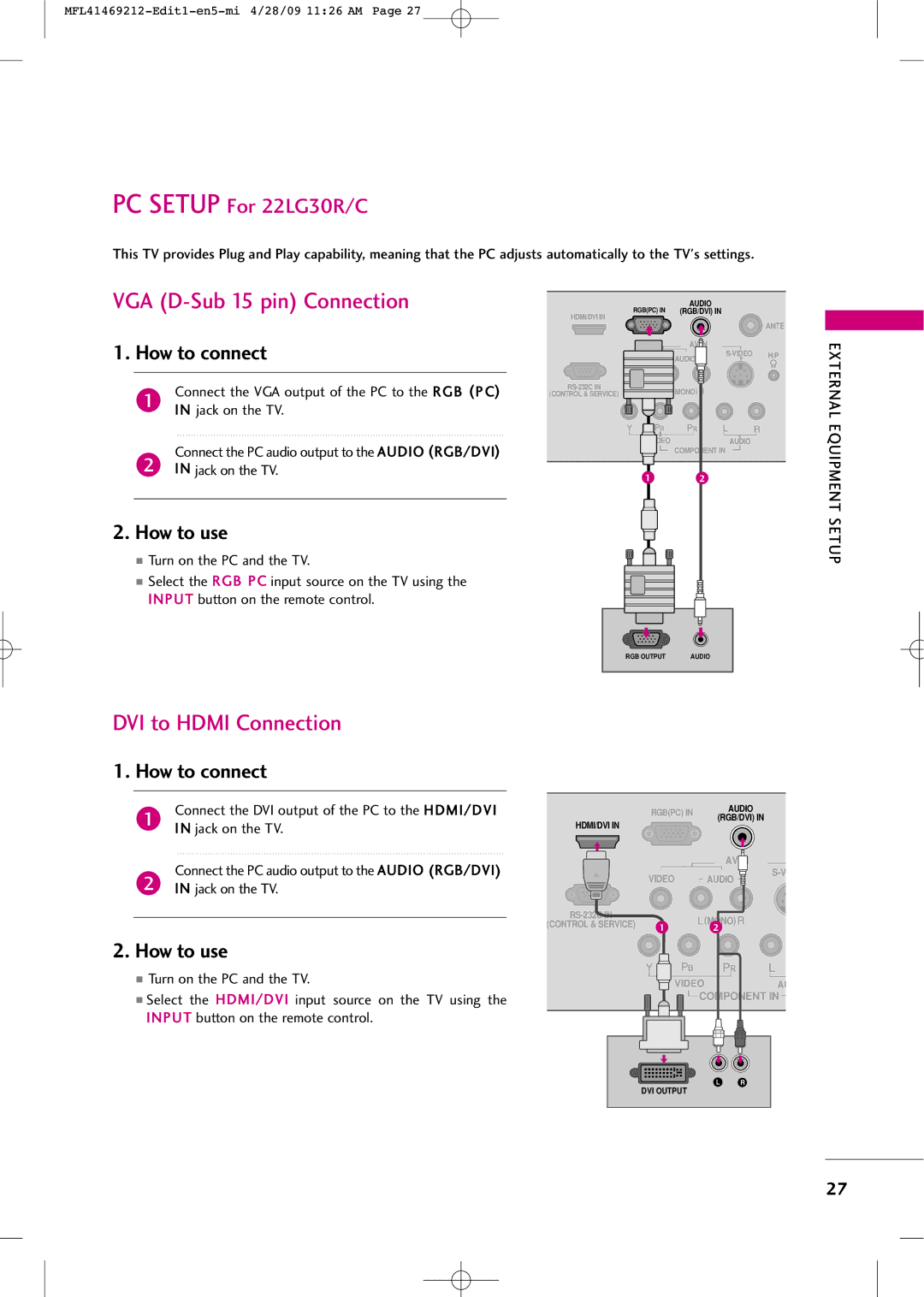 LG Electronics 2230R-MA manual VGA D-Sub 15 pin Connection 