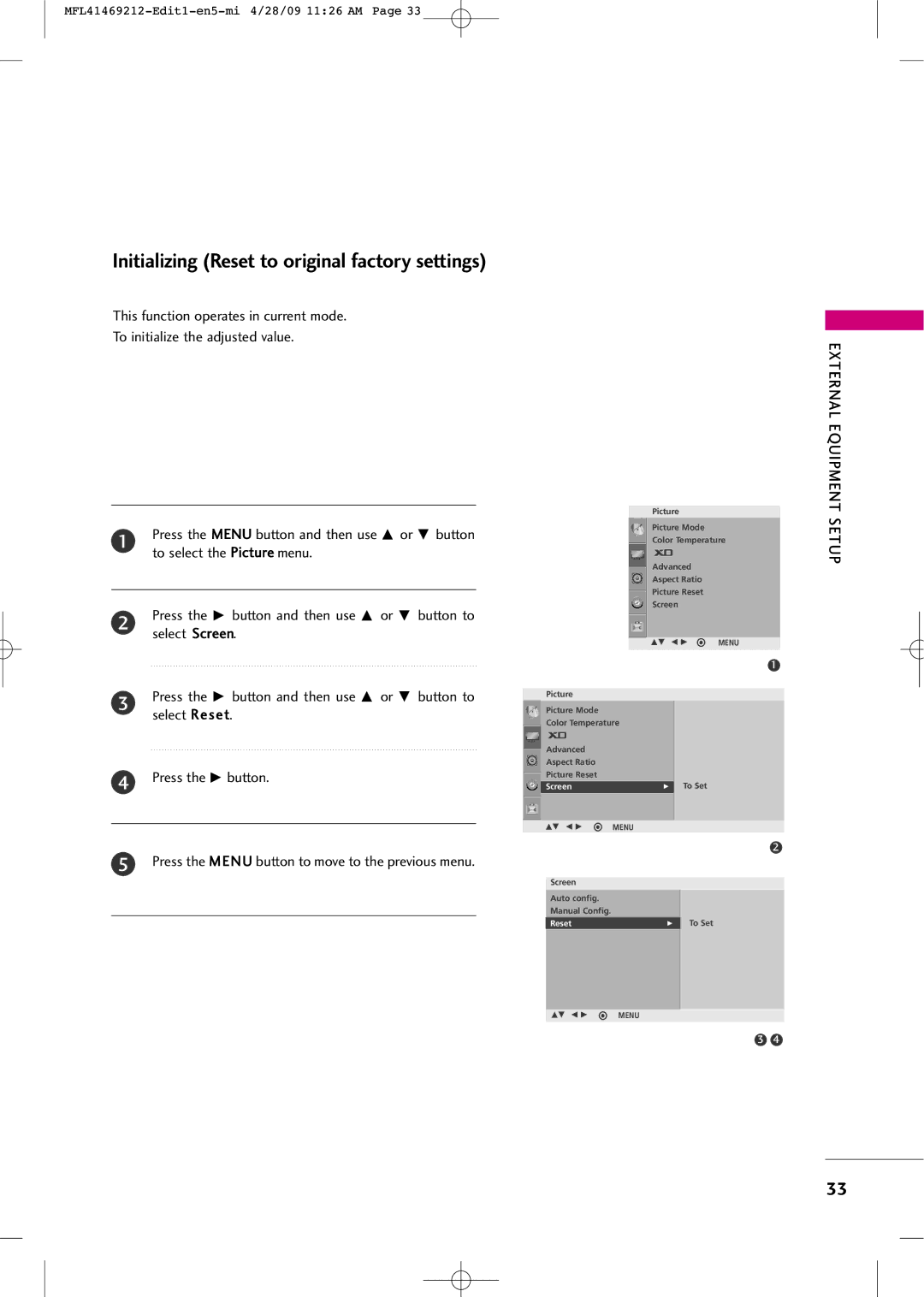 LG Electronics 2230R-MA manual Initializing Reset to original factory settings 