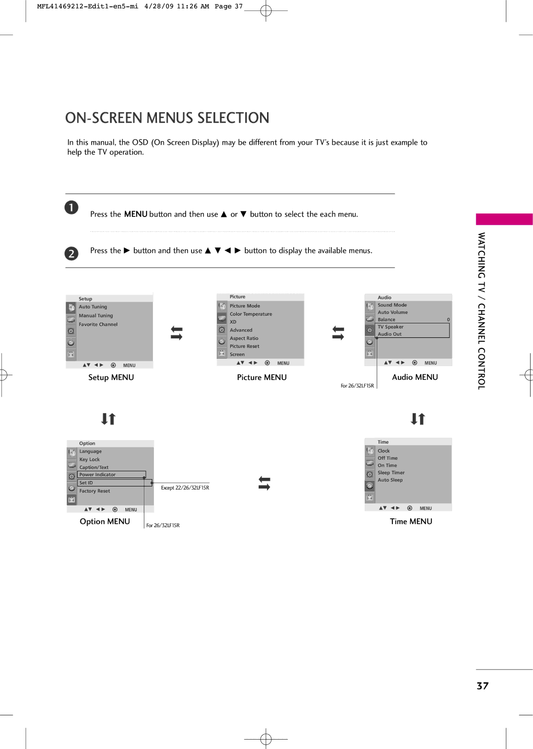 LG Electronics 2230R-MA manual ON-SCREEN Menus Selection, Option Menu, Time Menu 