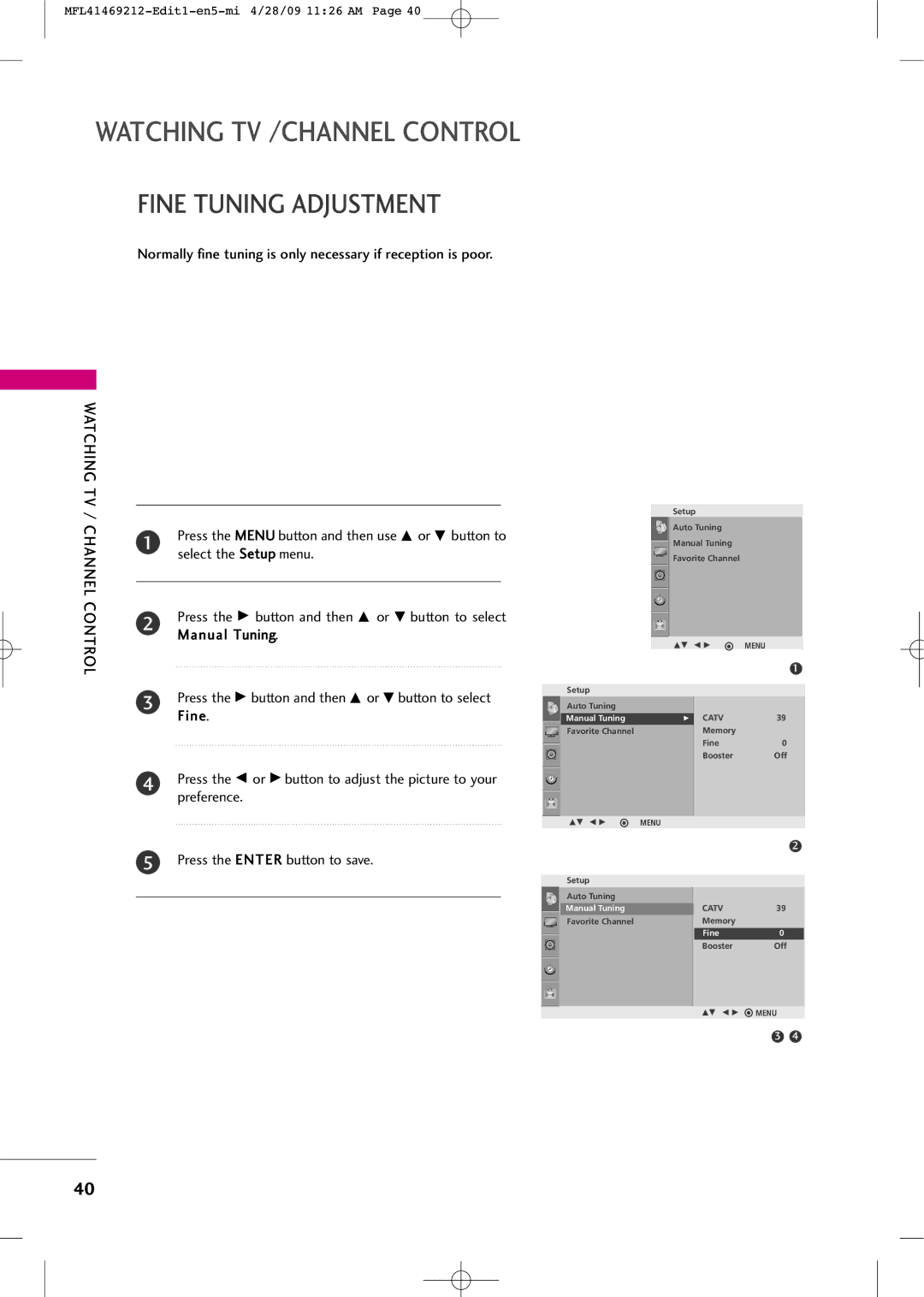 LG Electronics 2230R-MA manual Fine Tuning Adjustment, Normally fine tuning is only necessary if reception is poor 