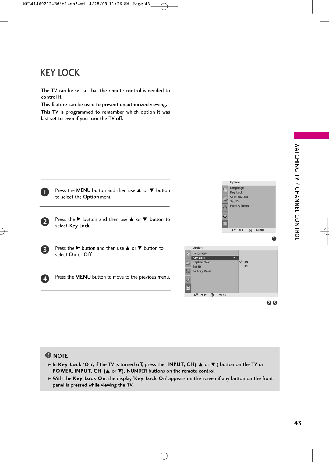 LG Electronics 2230R-MA manual KEY Lock, Key Lock ‘O n’, if the TV is turned off, press the INPUT, CH 