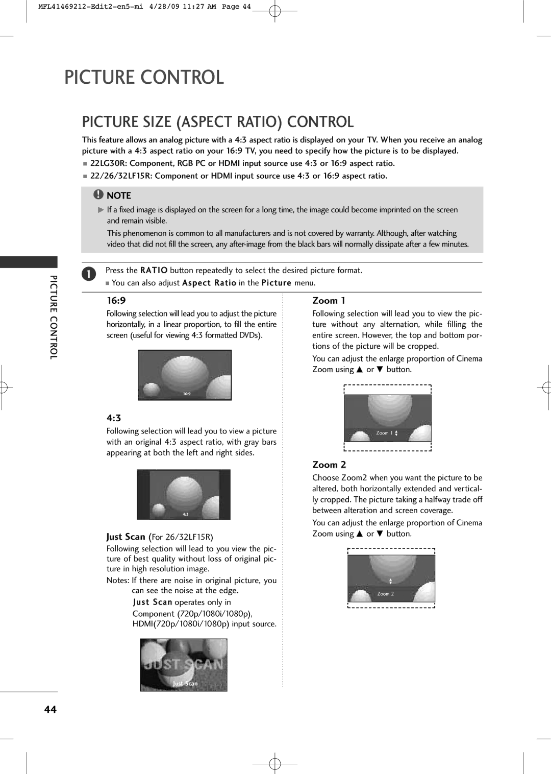 LG Electronics 2230R-MA manual Picture Control, Picture Size Aspect Ratio Control 