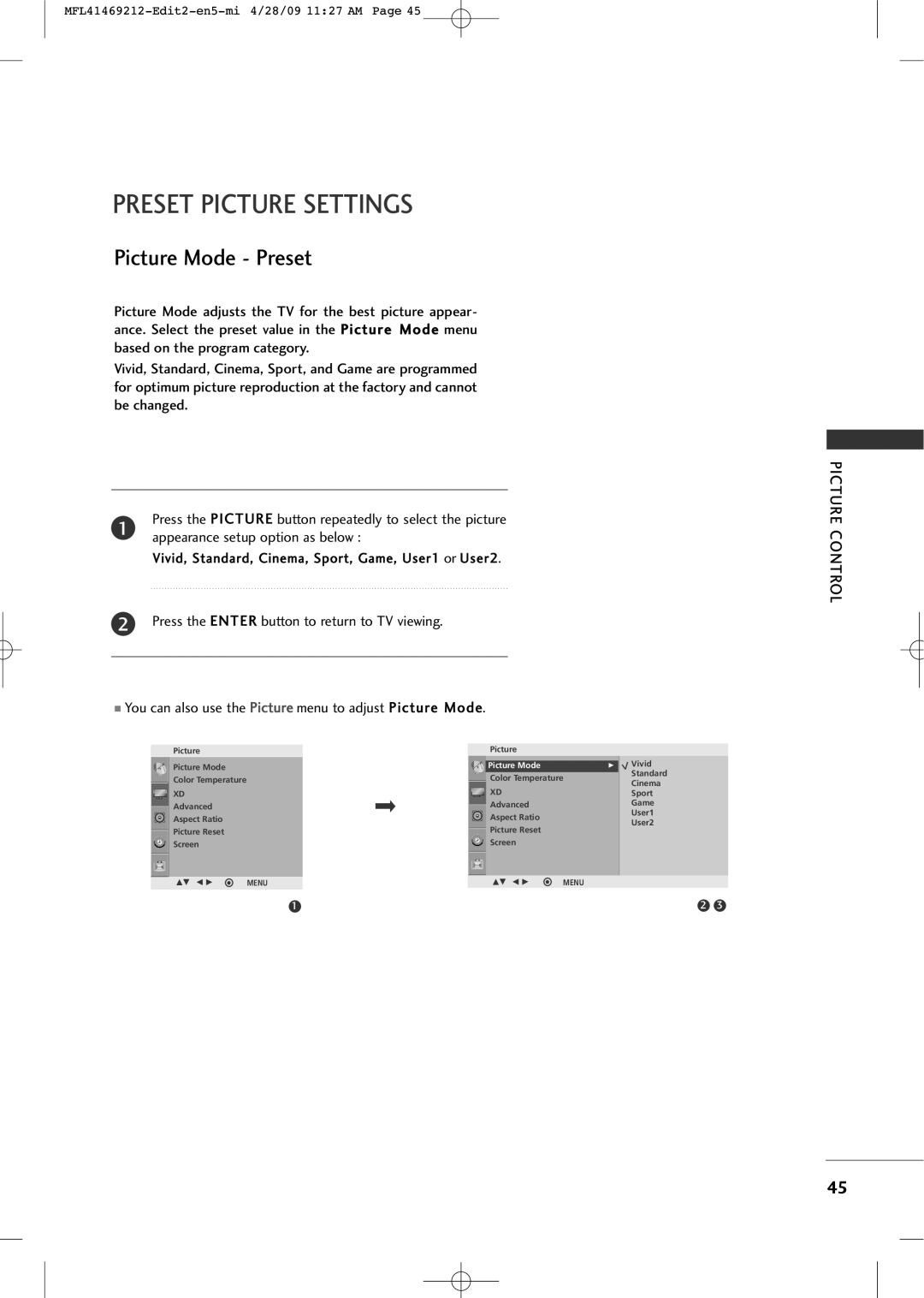 LG Electronics 2230R-MA manual Preset Picture Settings, Picture Mode Preset 