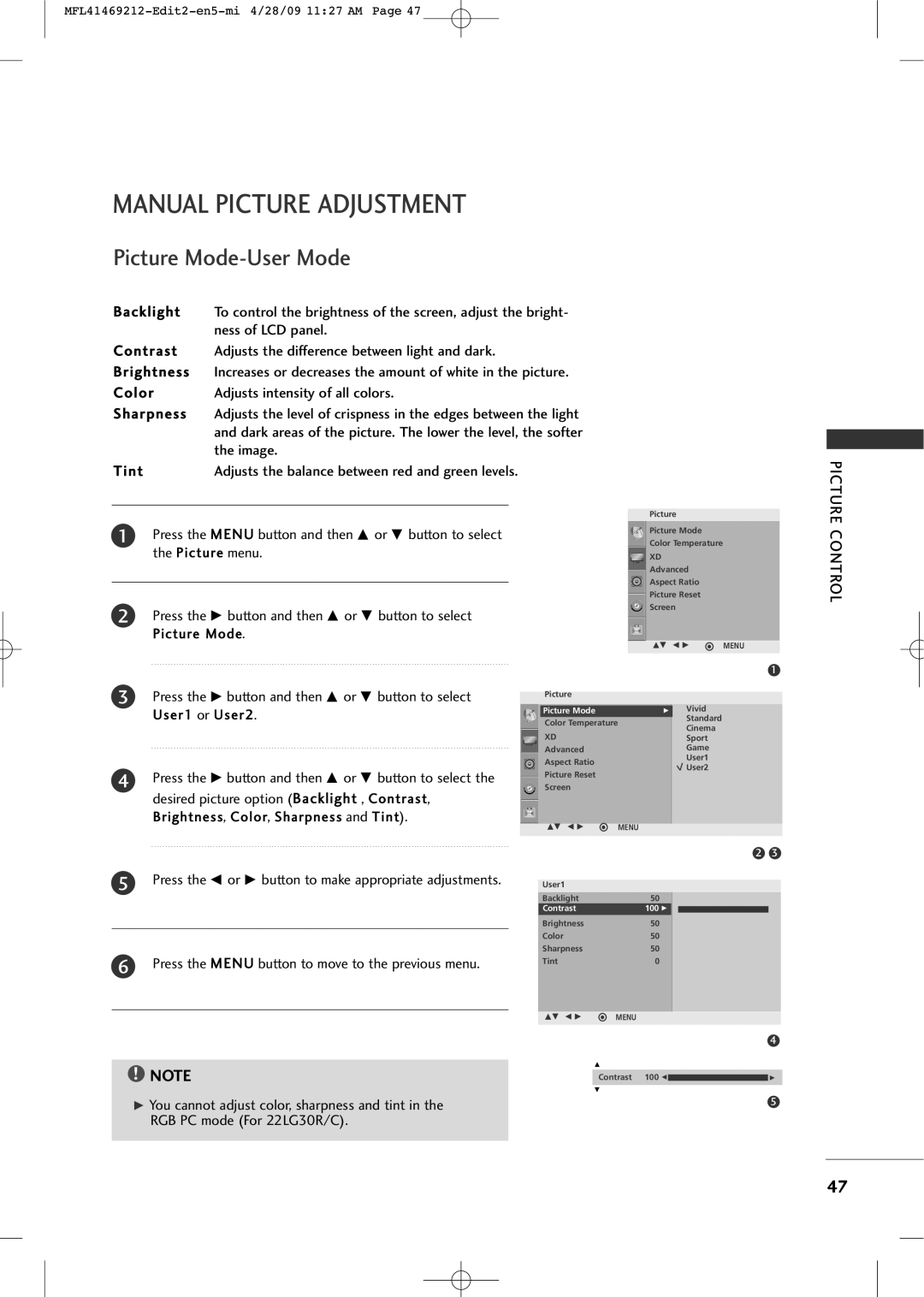 LG Electronics 2230R-MA manual Manual Picture Adjustment, Color Adjusts intensity of all colors Sharpness, Image, Tint 