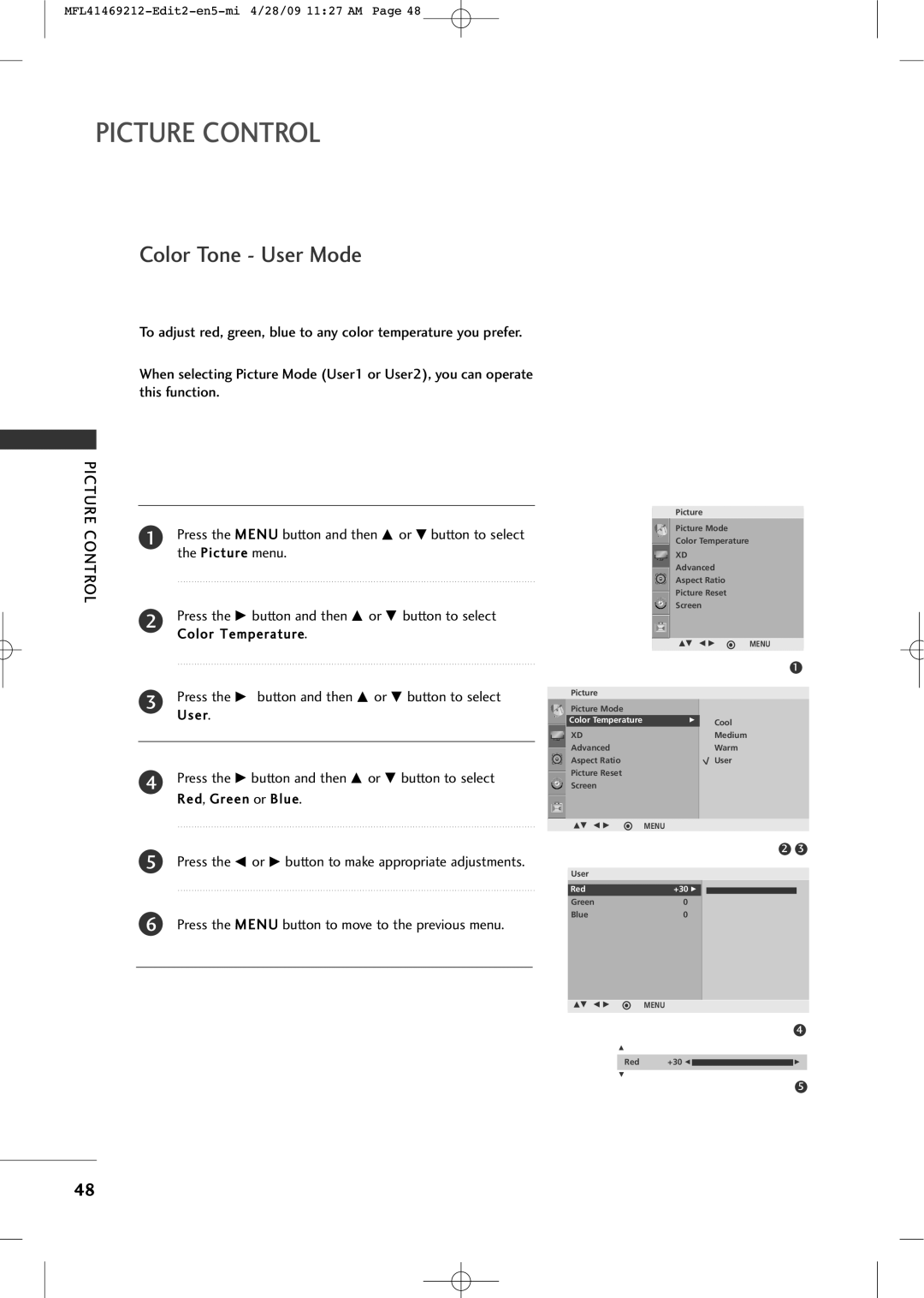 LG Electronics 2230R-MA manual Press the Menu button and then D or E button to select, Picture menu 