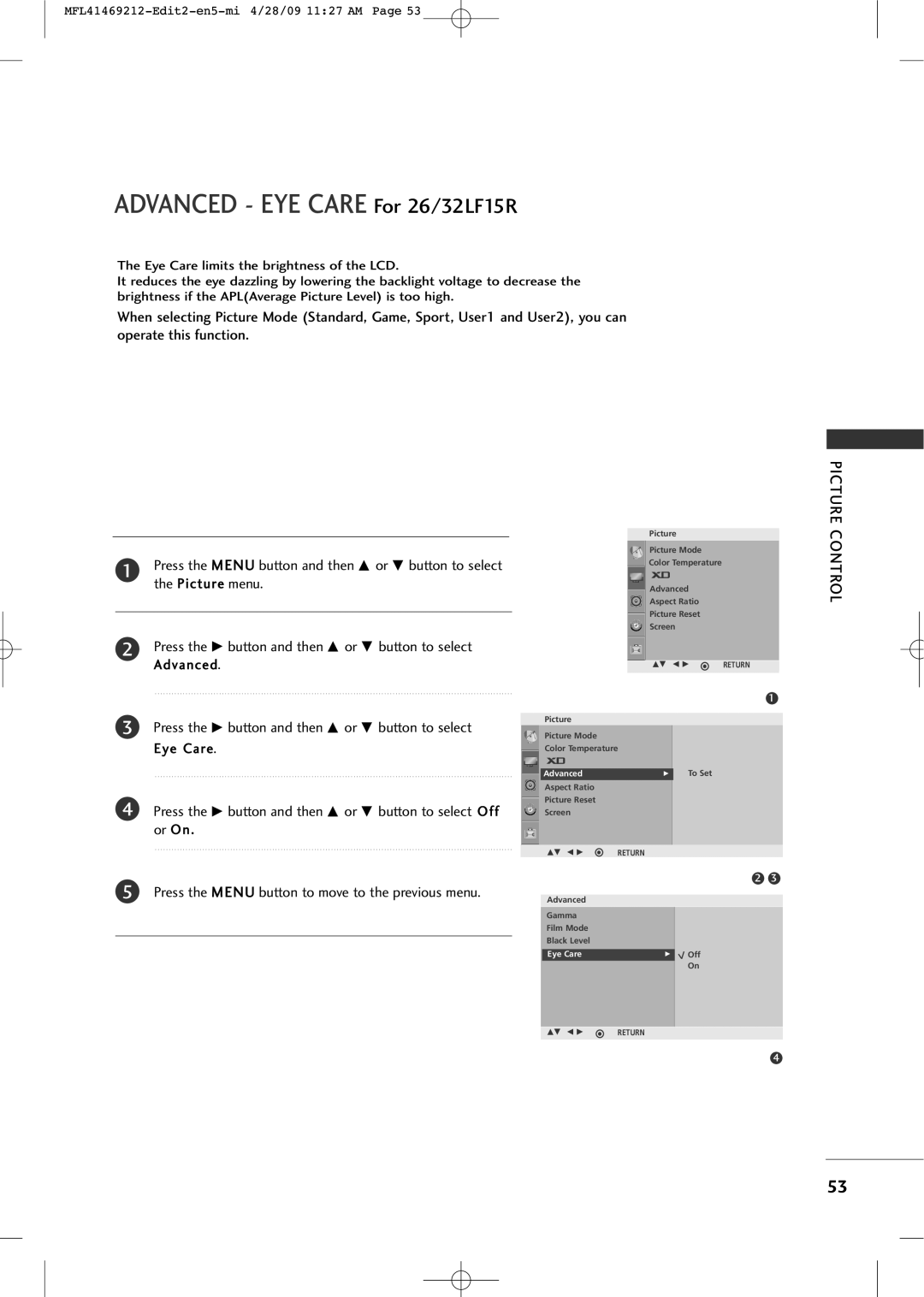 LG Electronics 2230R-MA manual Advanced EYE Care For 26/32LF15R, Return 