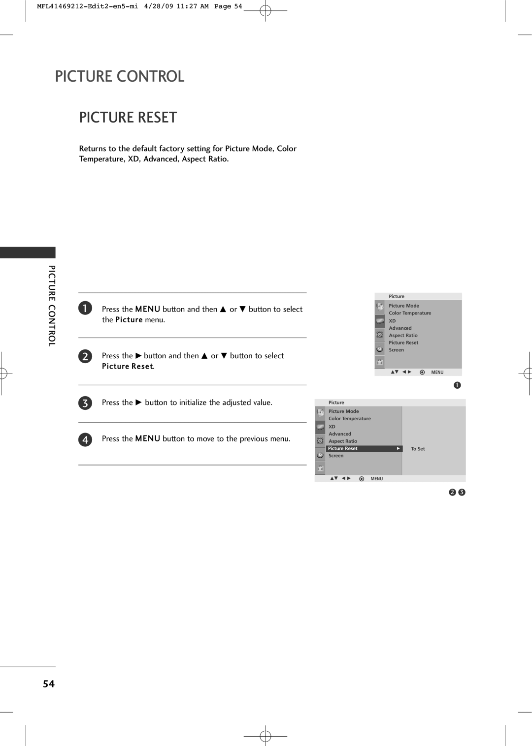 LG Electronics 2230R-MA manual Picture Reset 