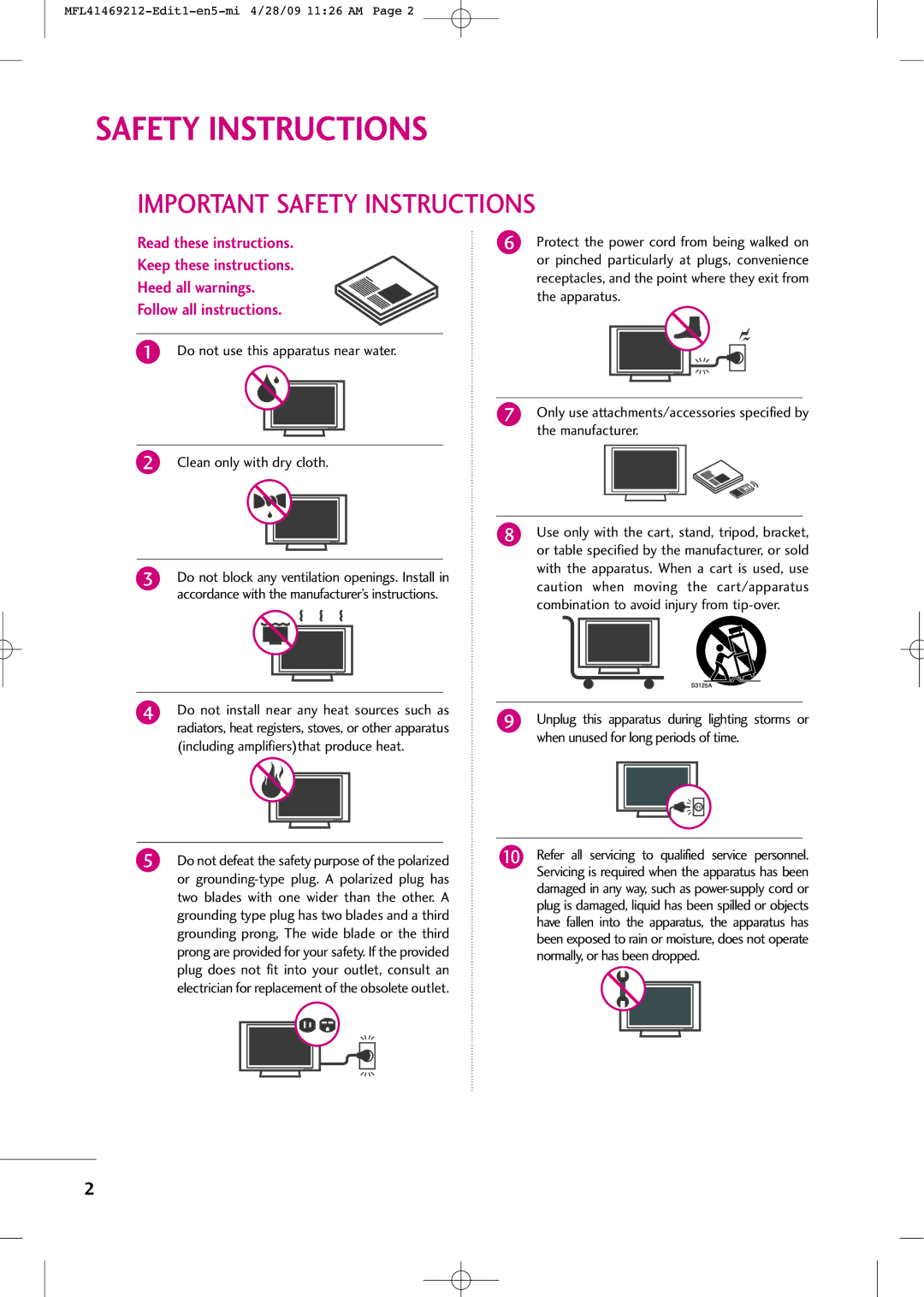 LG Electronics 2230R-MA manual Important Safety Instructions, Including amplifiersthat produce heat 