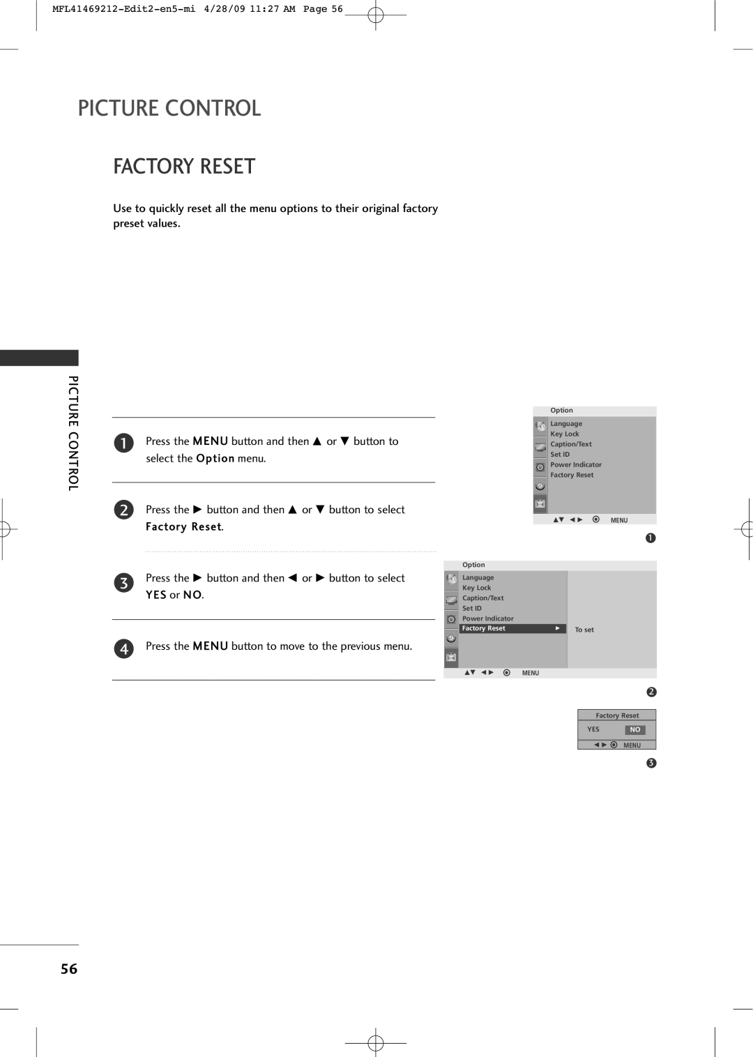 LG Electronics 2230R-MA manual Factory Reset 