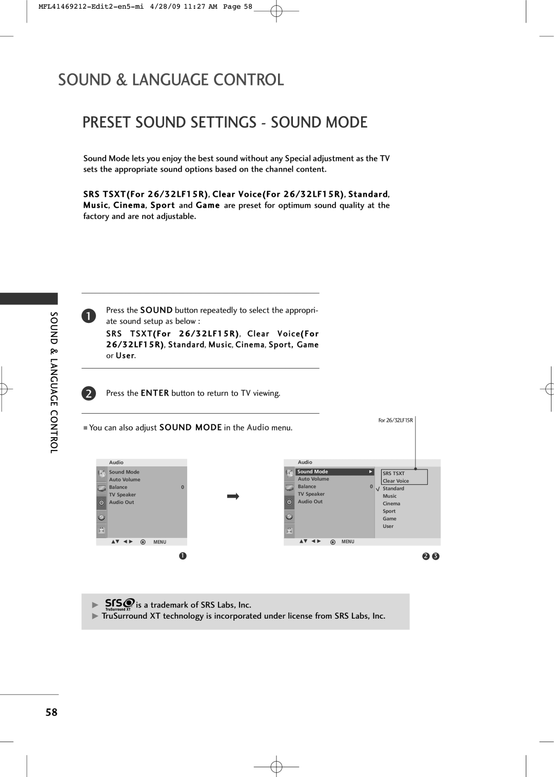 LG Electronics 2230R-MA manual Preset Sound Settings Sound Mode, You can also adjust Sound Mode in the Audio menu 