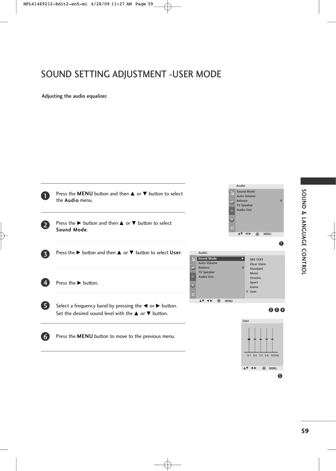 LG Electronics 2230R-MA manual Sound Setting Adjustment -USER Mode 