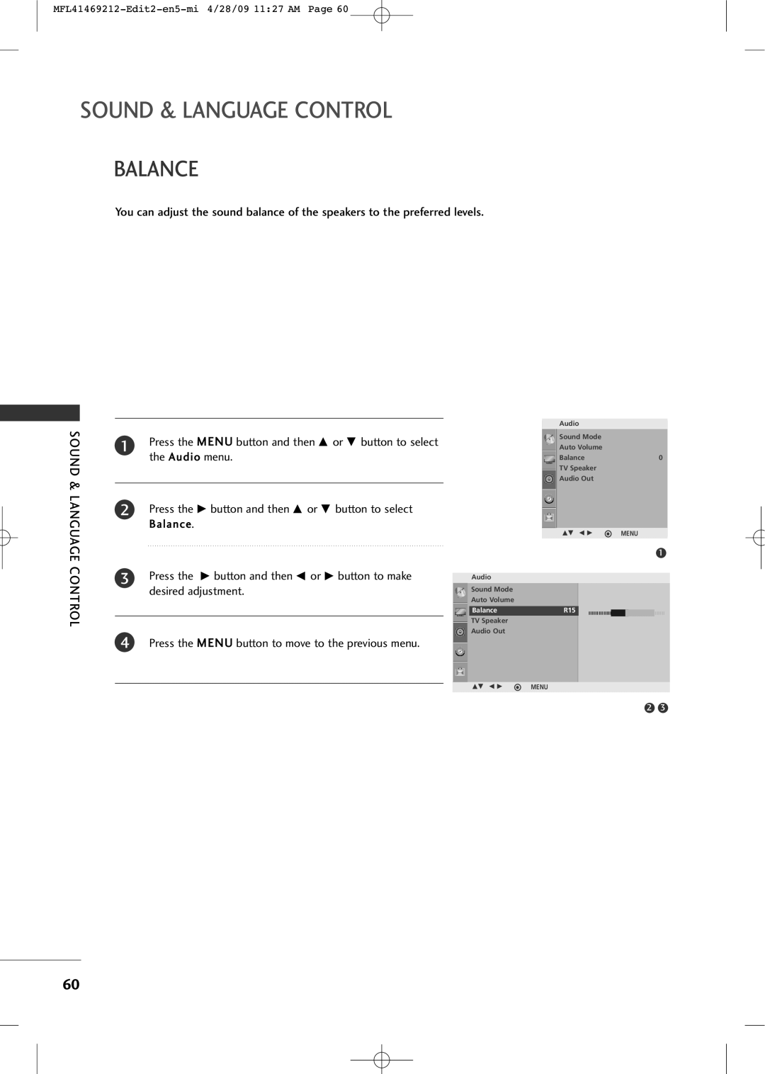 LG Electronics 2230R-MA manual Press the G button and then D or E button to select Balance 