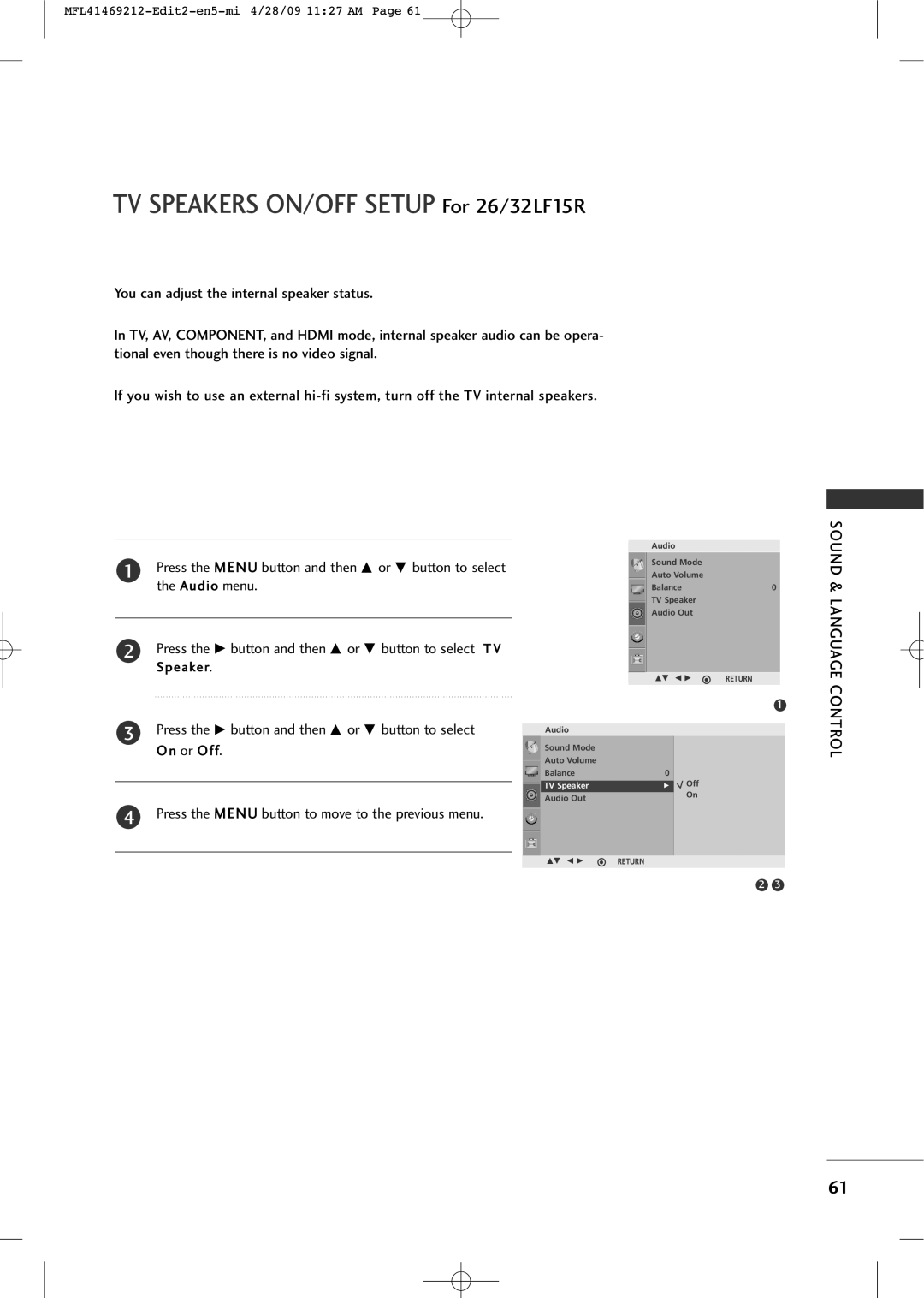 LG Electronics 2230R-MA manual TV Speakers ON/OFF Setup For 26/32LF15R 