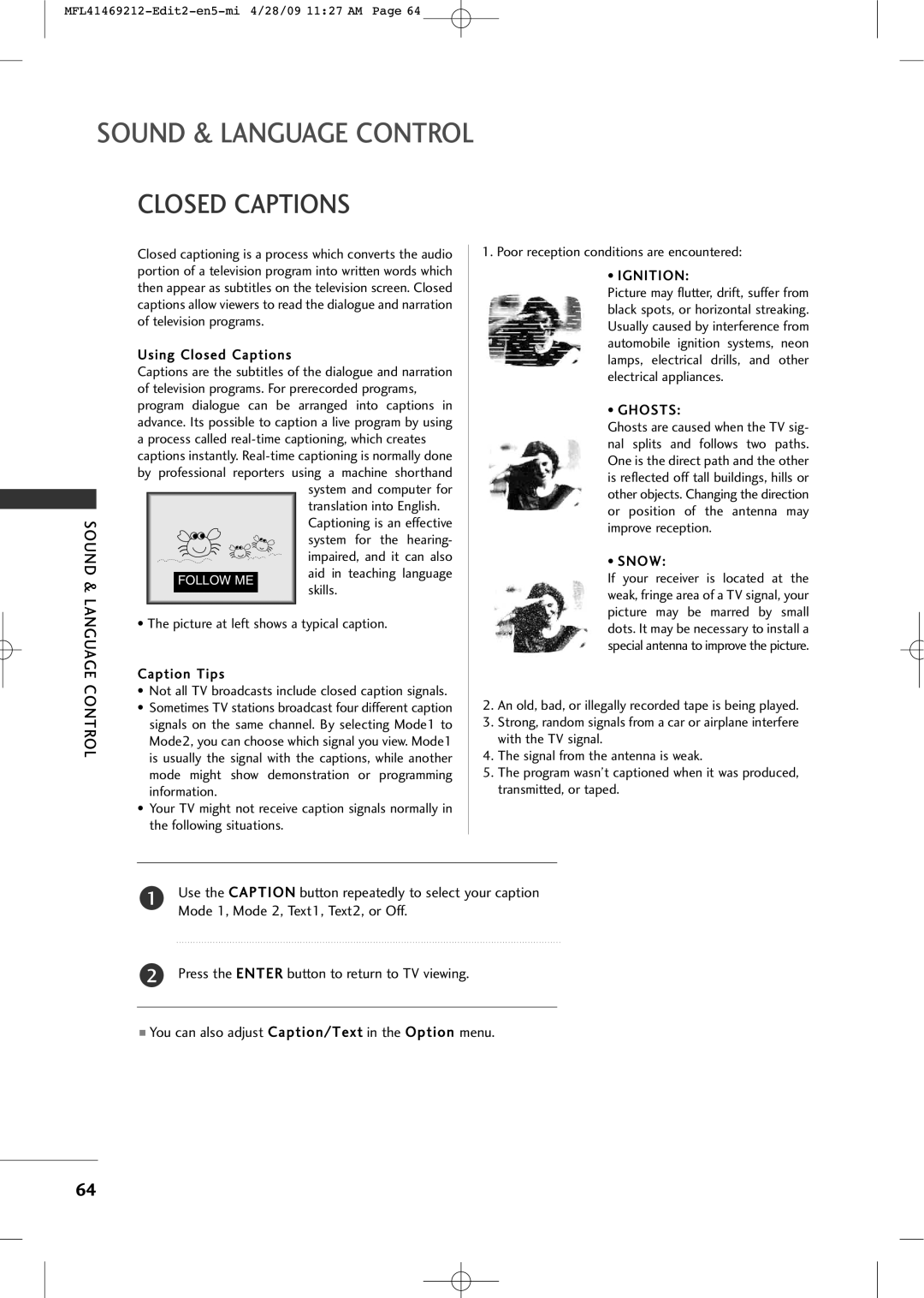 LG Electronics 2230R-MA manual Closed Captions, Ignition, Ghosts, Snow 