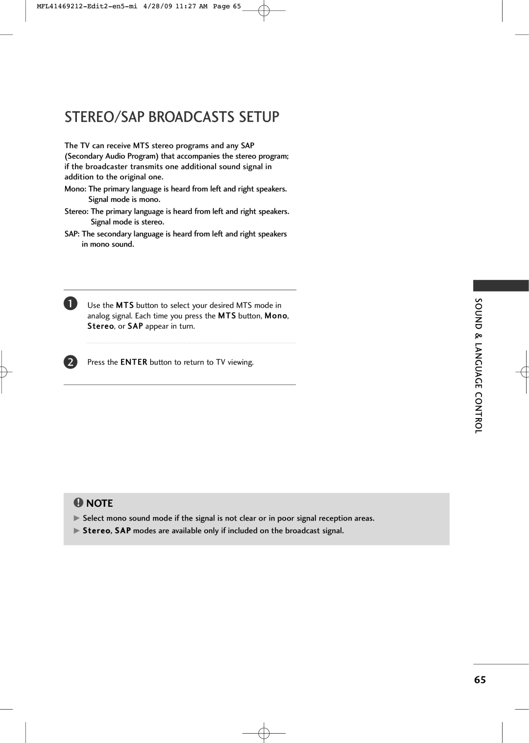 LG Electronics 2230R-MA manual STEREO/SAP Broadcasts Setup 