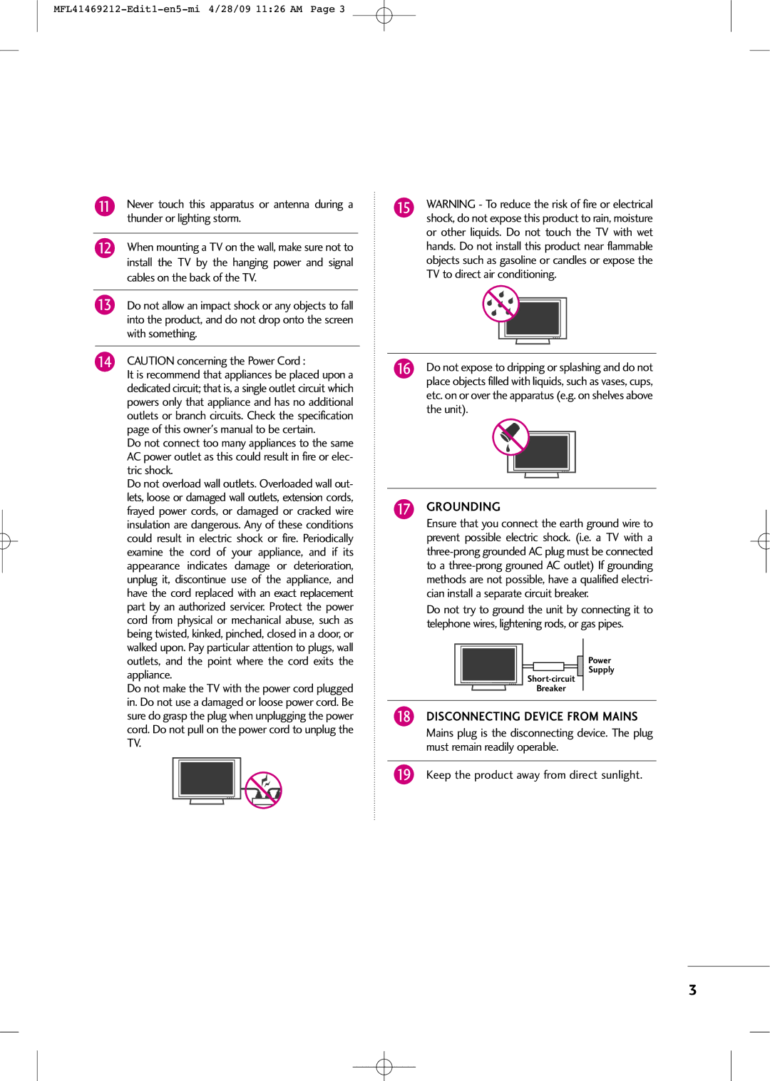 LG Electronics 2230R-MA manual Thunder or lighting storm, Cables on the back of the TV, Grounding 