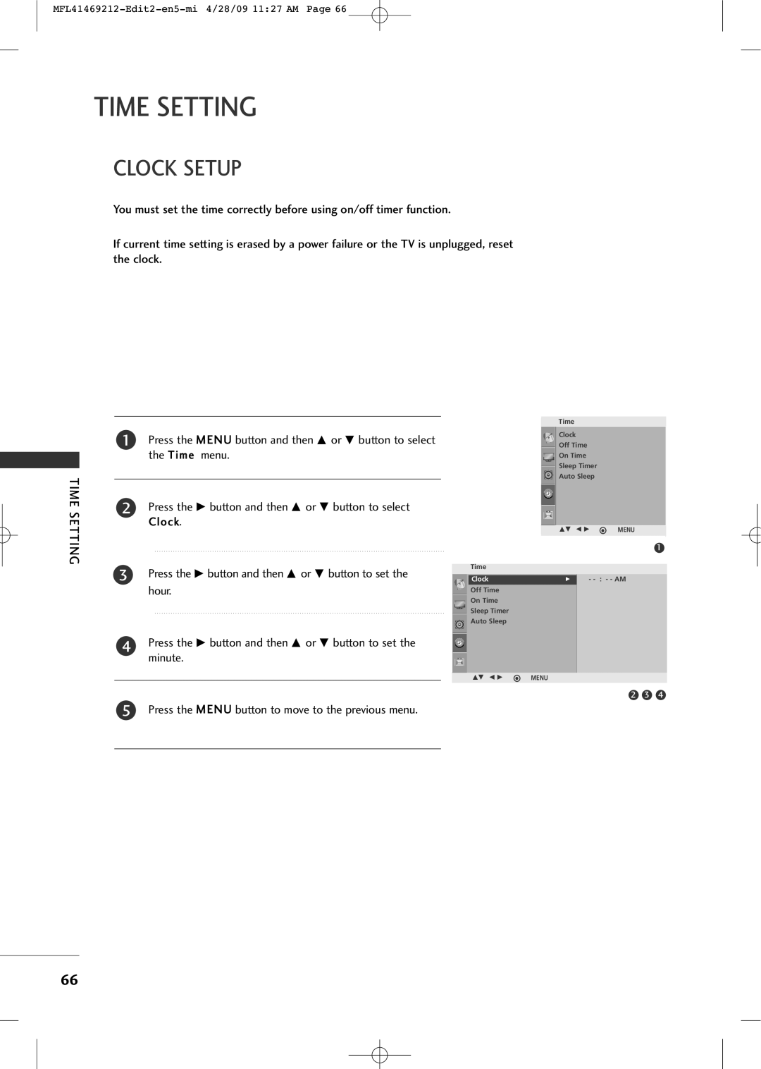 LG Electronics 2230R-MA manual Time Setting, Clock Setup 